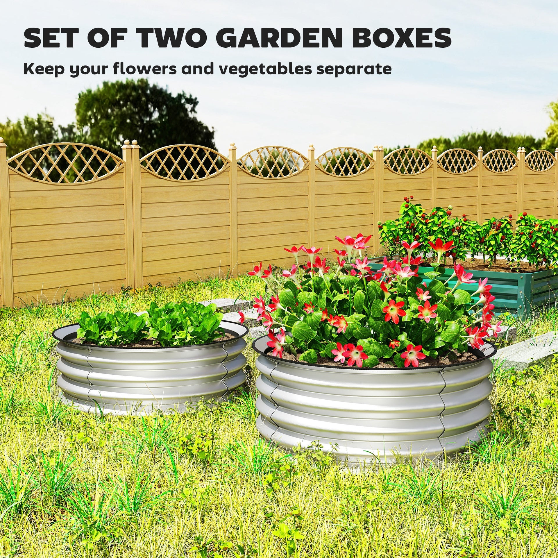 Outsunny Set of 2 Raised Garden Bed, Metal Planter Box with Safety Edging, Easy-to-assemble Stock Tank 2'x2'x1' Silver