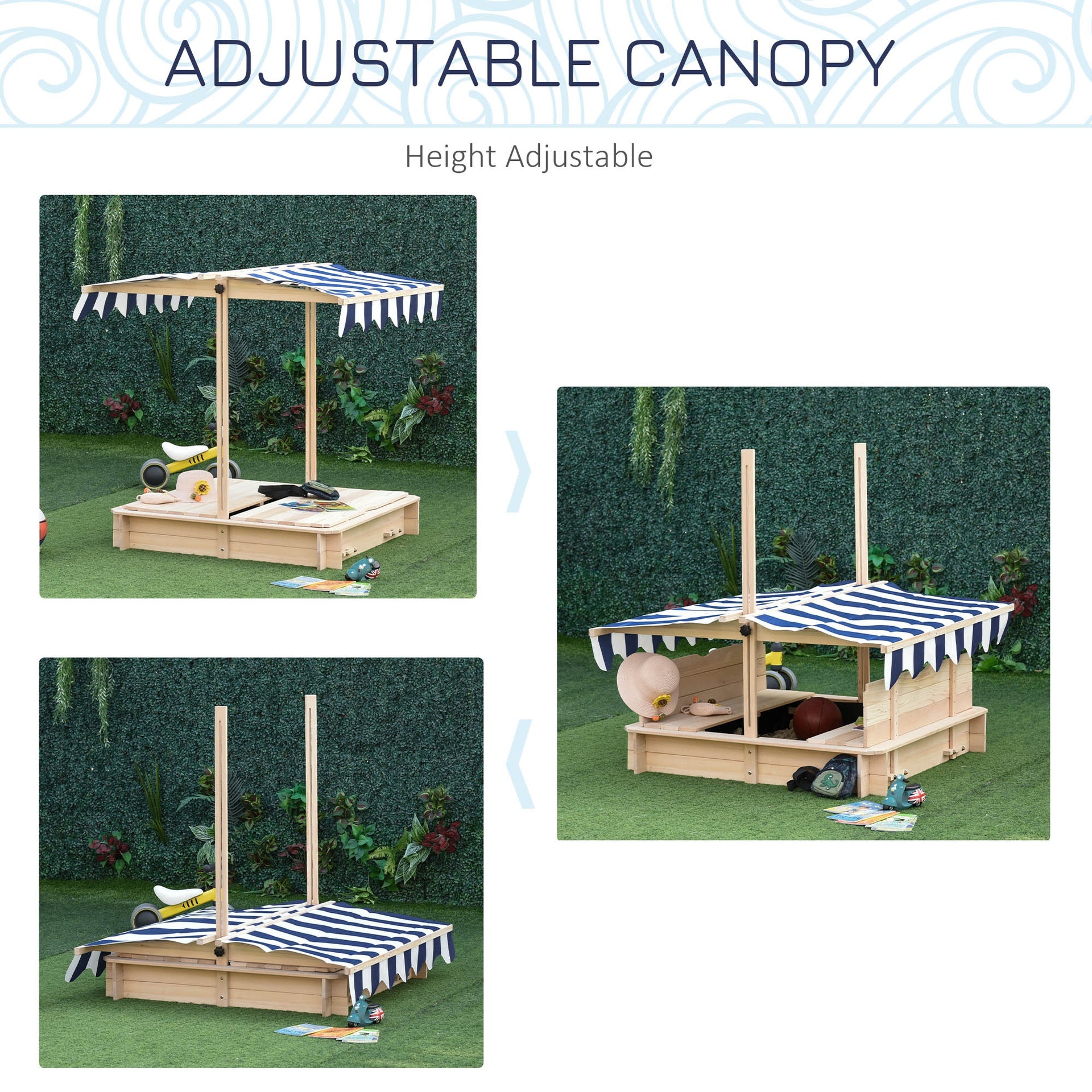 Outsunny Covered Sandbox, Wooden，with Cover Adjustable Canopy, Detachable Seats and Backrests, Kids Sandbox with Convertible Bench Seat, Bottom Liner, Natural Blue