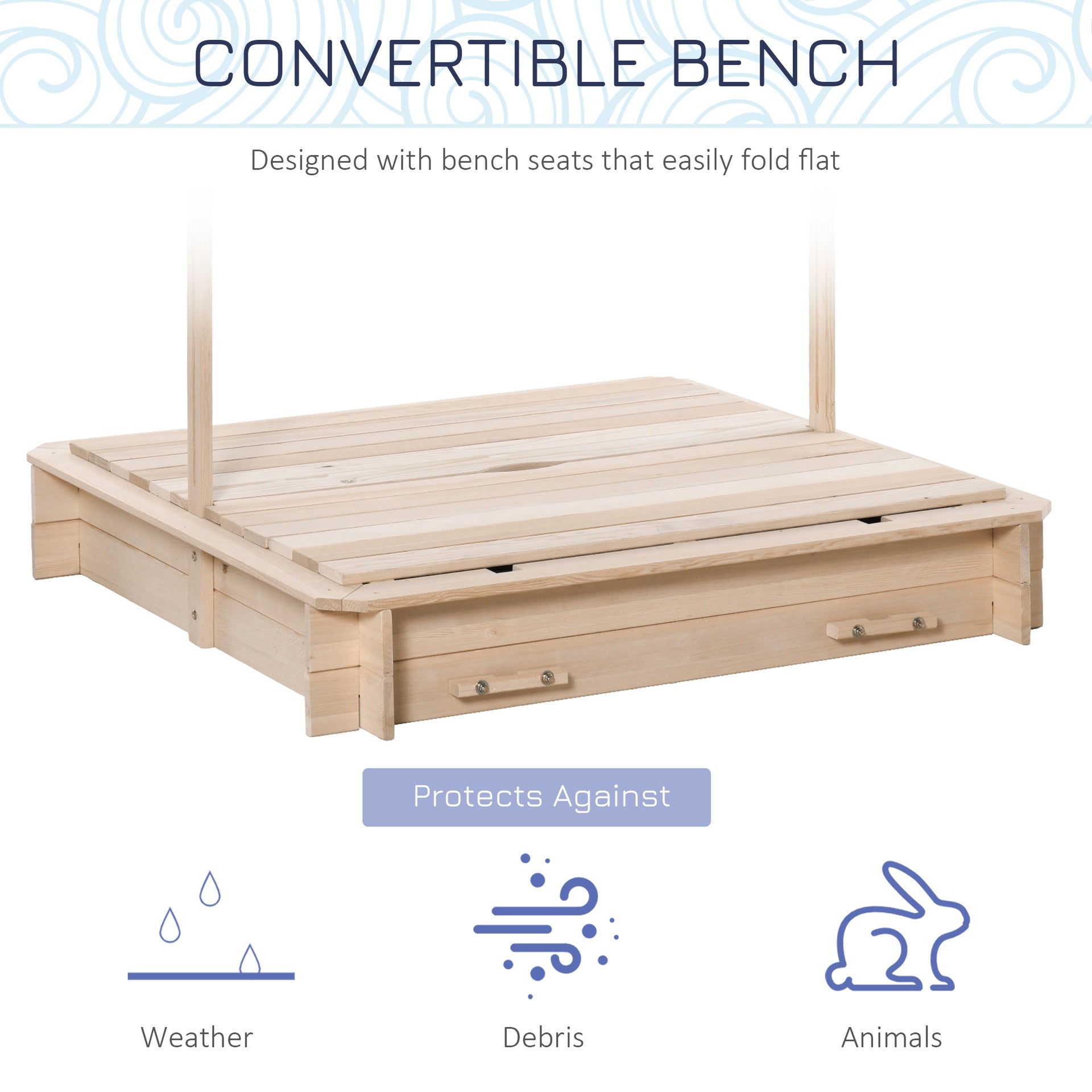 Outsunny Covered Sandbox, Wooden，with Cover Adjustable Canopy, Detachable Seats and Backrests, Kids Sandbox with Convertible Bench Seat, Bottom Liner, Natural Blue