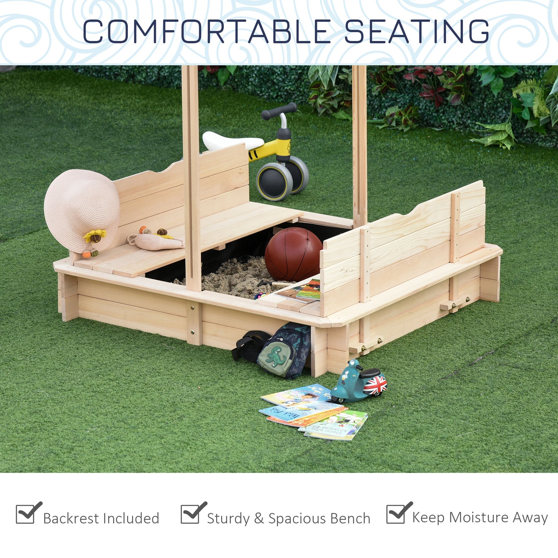 Outsunny Covered Sandbox, Wooden，with Cover Adjustable Canopy, Detachable Seats and Backrests, Kids Sandbox with Convertible Bench Seat, Bottom Liner, Natural Blue