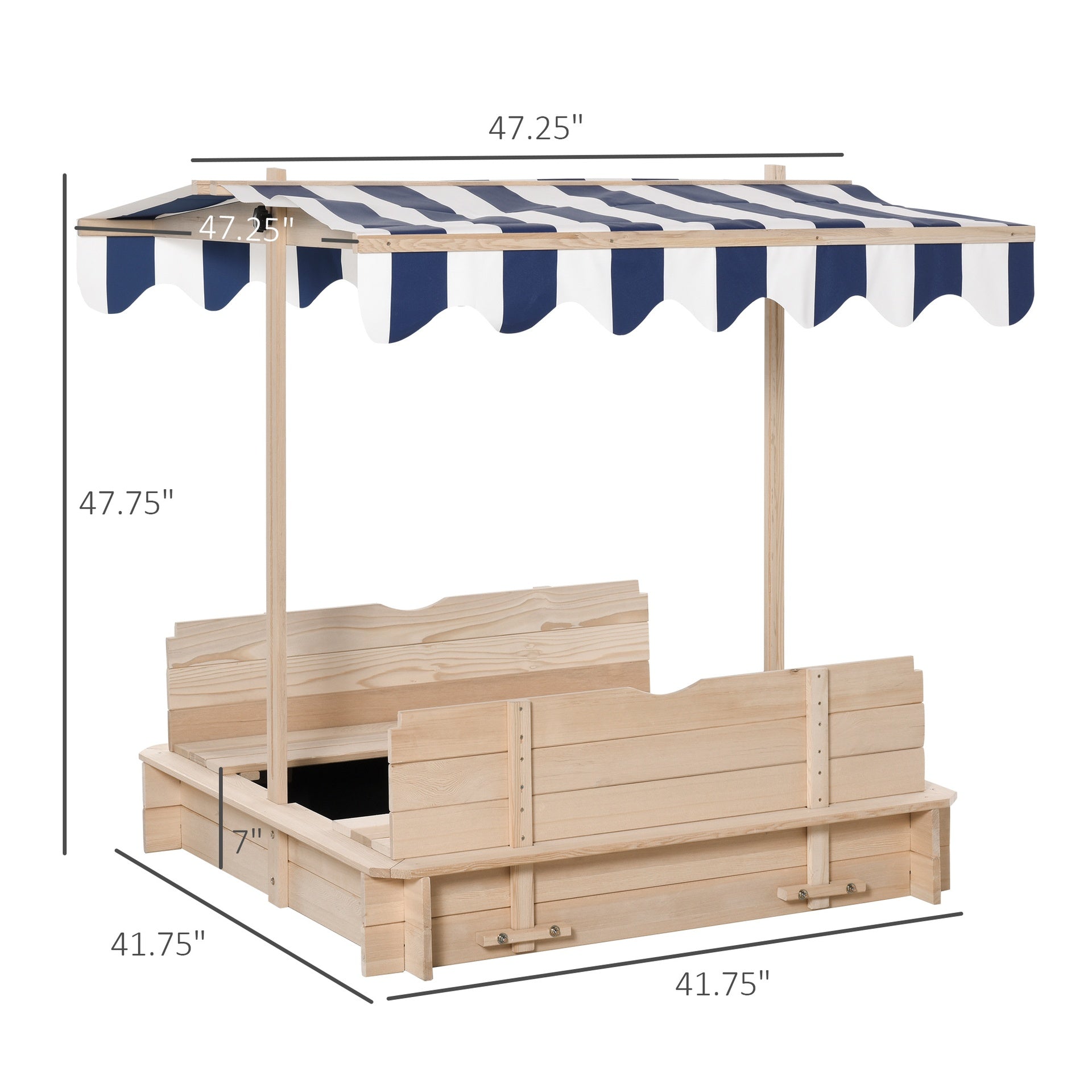 Outsunny Covered Sandbox, Wooden，with Cover Adjustable Canopy, Detachable Seats and Backrests, Kids Sandbox with Convertible Bench Seat, Bottom Liner, Natural Blue