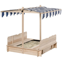 Outsunny Covered Sandbox, Wooden，with Cover Adjustable Canopy, Detachable Seats and Backrests, Kids Sandbox with Convertible Bench Seat, Bottom Liner, Natural Blue