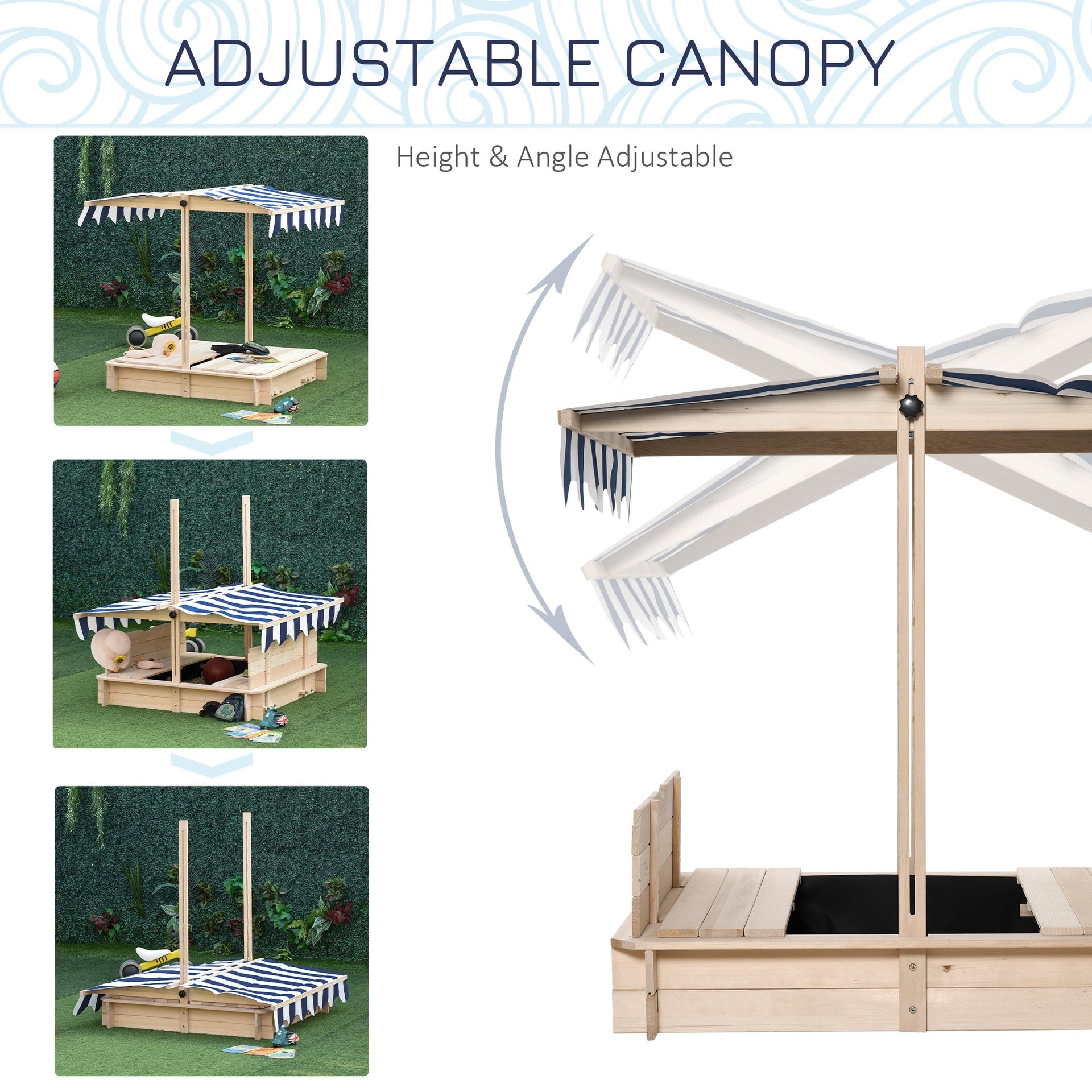 Outsunny Covered Sandbox, Wooden，with Cover Adjustable Canopy, Detachable Seats and Backrests, Kids Sandbox with Convertible Bench Seat, Bottom Liner, Natural Blue