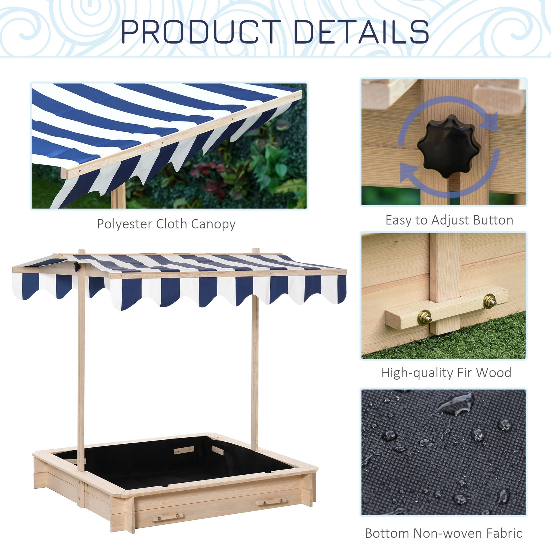 Outsunny Covered Sandbox, Wooden，with Cover Adjustable Canopy, Detachable Seats and Backrests, Kids Sandbox with Convertible Bench Seat, Bottom Liner, Natural Blue