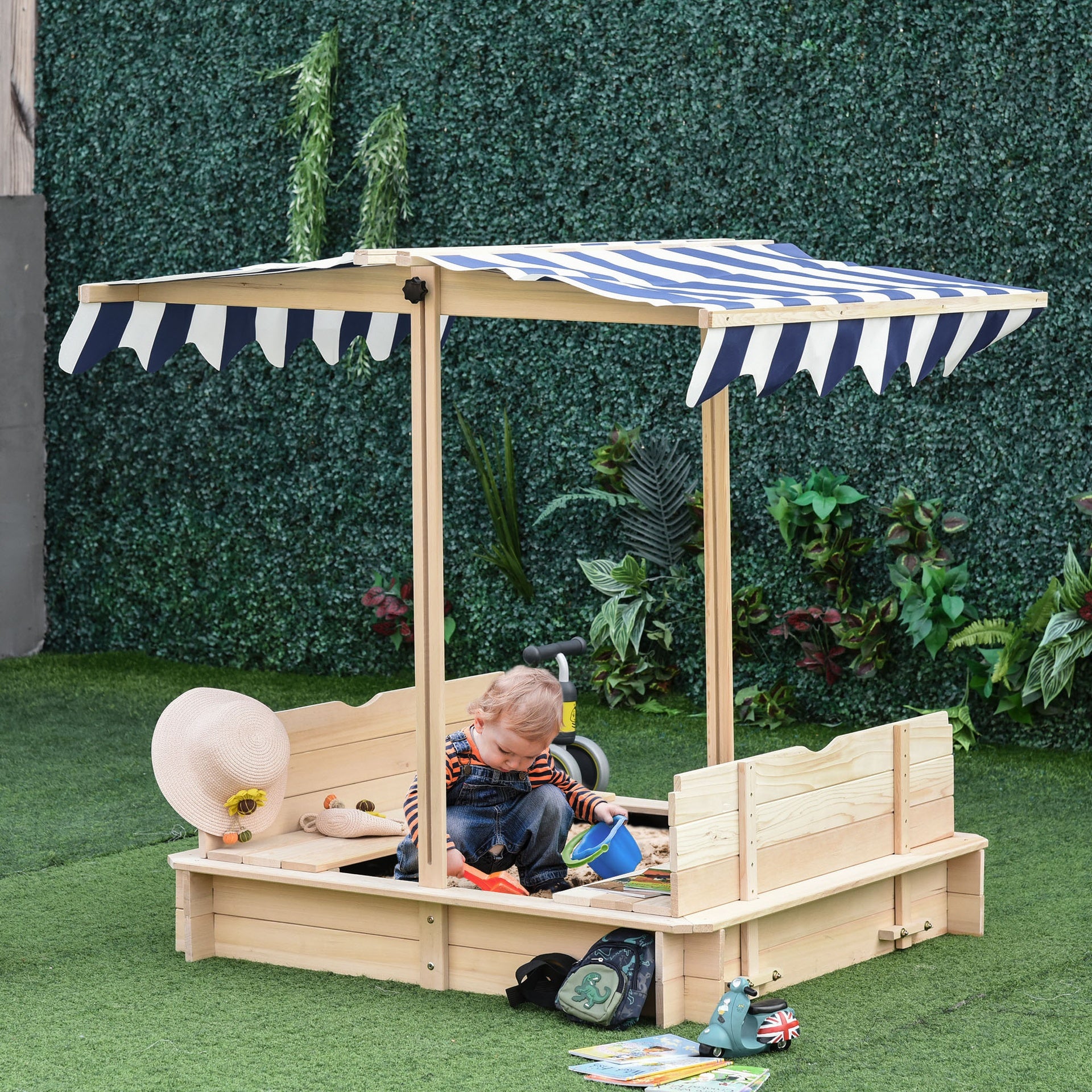 Outsunny Covered Sandbox, Wooden，with Cover Adjustable Canopy, Detachable Seats and Backrests, Kids Sandbox with Convertible Bench Seat, Bottom Liner, Natural Blue