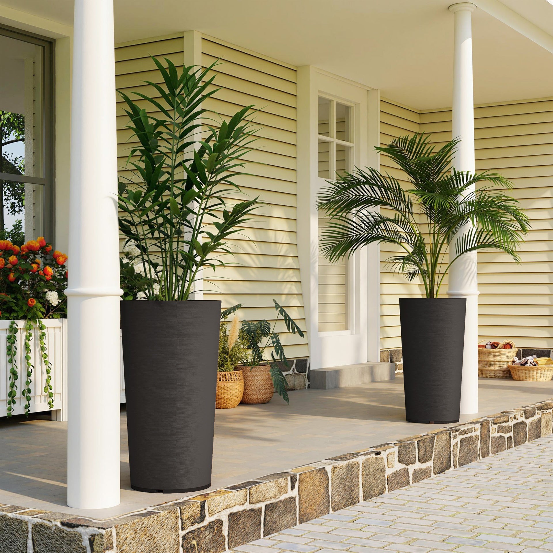 Outsunny 29 Inch Outdoor Planter, Set of 2 Plastic Flower Pots, Weather and UV Resistant Stackable Large Planters, Black