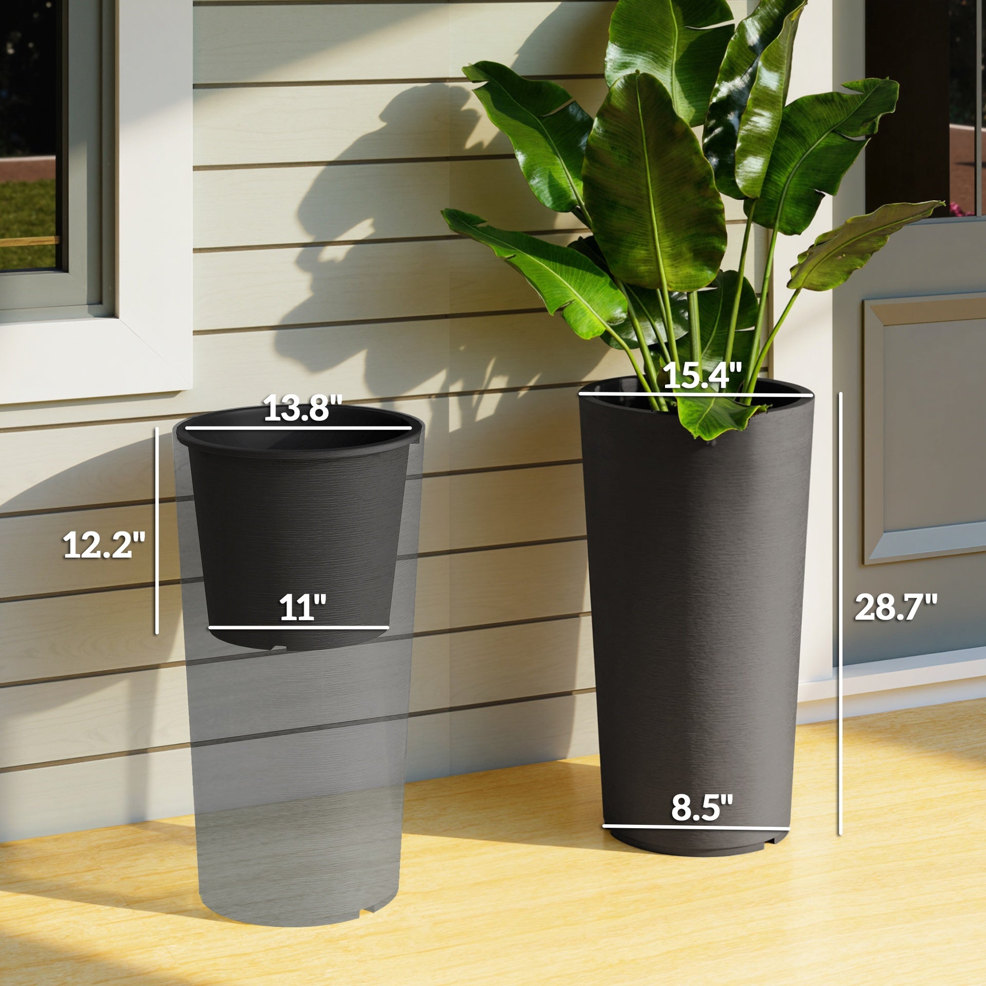 Outsunny 29 Inch Outdoor Planter, Set of 2 Plastic Flower Pots, Weather and UV Resistant Stackable Large Planters, Black