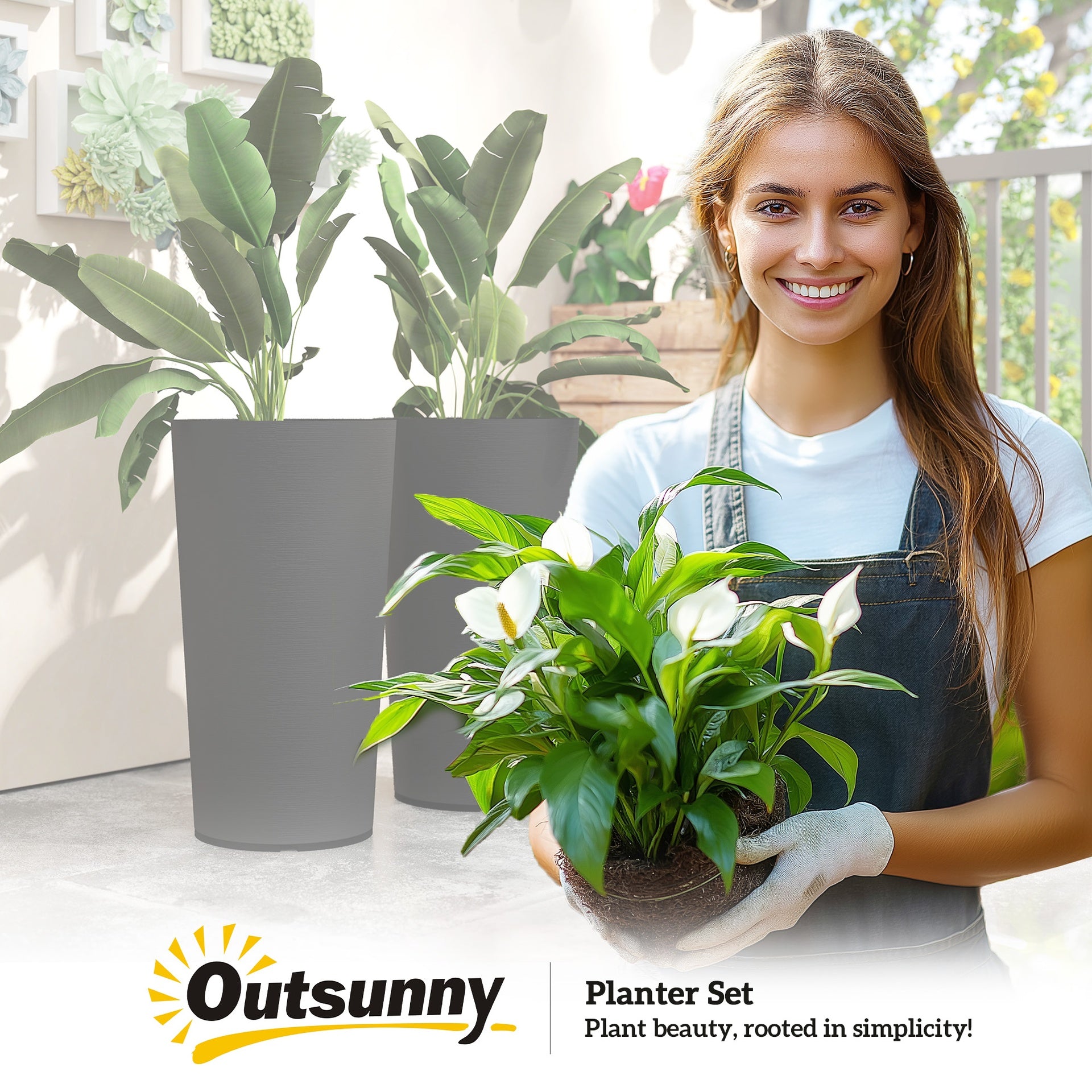 Outsunny 29 Inch Outdoor Planter, Set of 2 Plastic Flower Pots, Weather and UV Resistant Stackable Large Planters, Black
