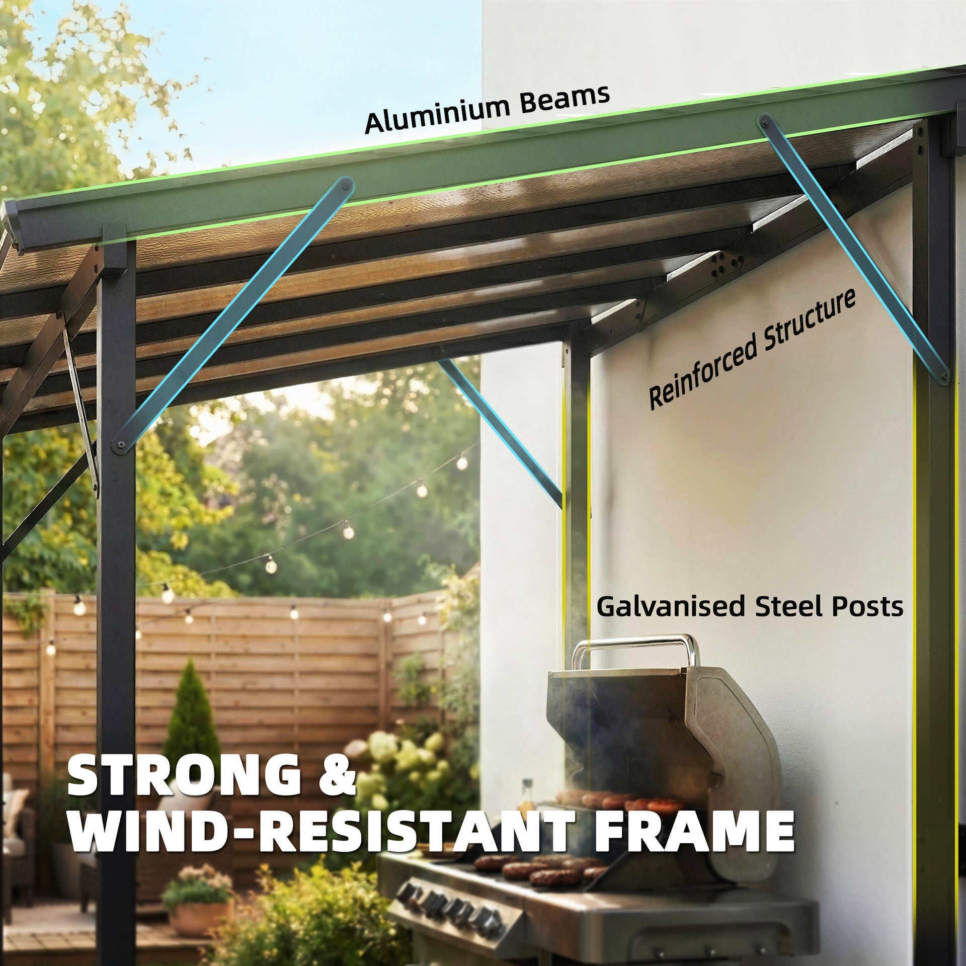 Outsunny Hardtop Grill Gazebo, Lean-to BBQ Shelter with Polycarbonate Roof for Outdoor, Patio, Lawn