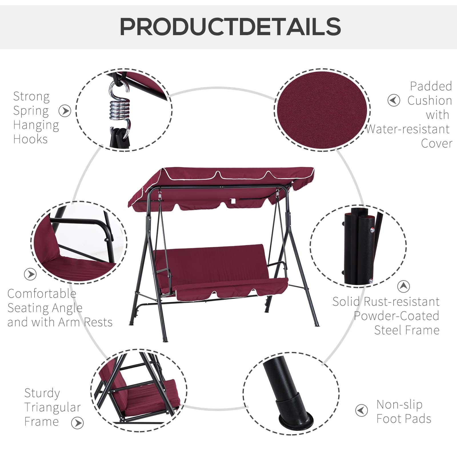 Outsunny Outdoor Patio Swing Chair with Adjustable Tilt Canopy and Removable Cushion, Red