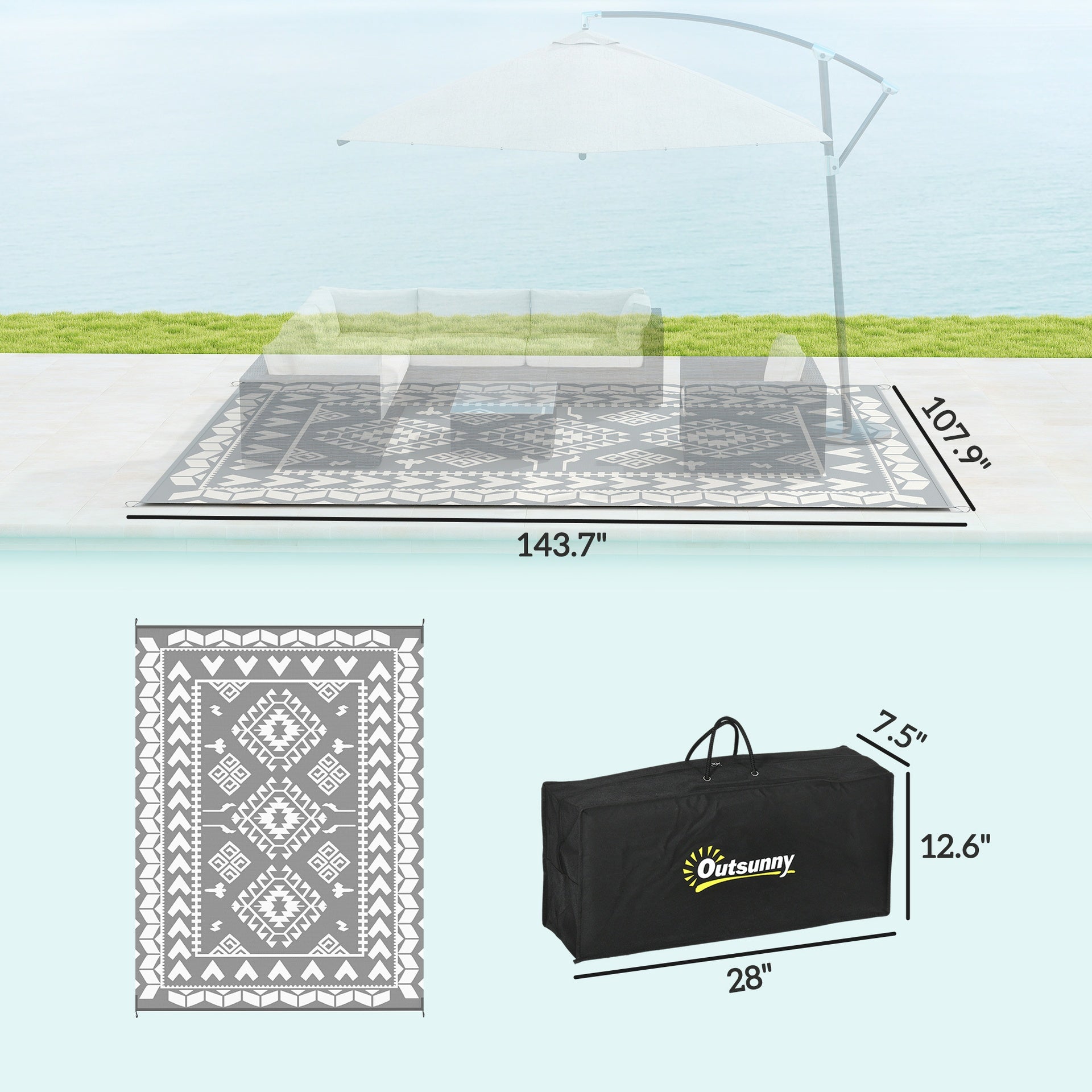 Outsunny Reversible Outdoor Rug, Waterproof Plastic Straw with Carry Bag, 9' x 12', Gray & White Rhombus Patchwork