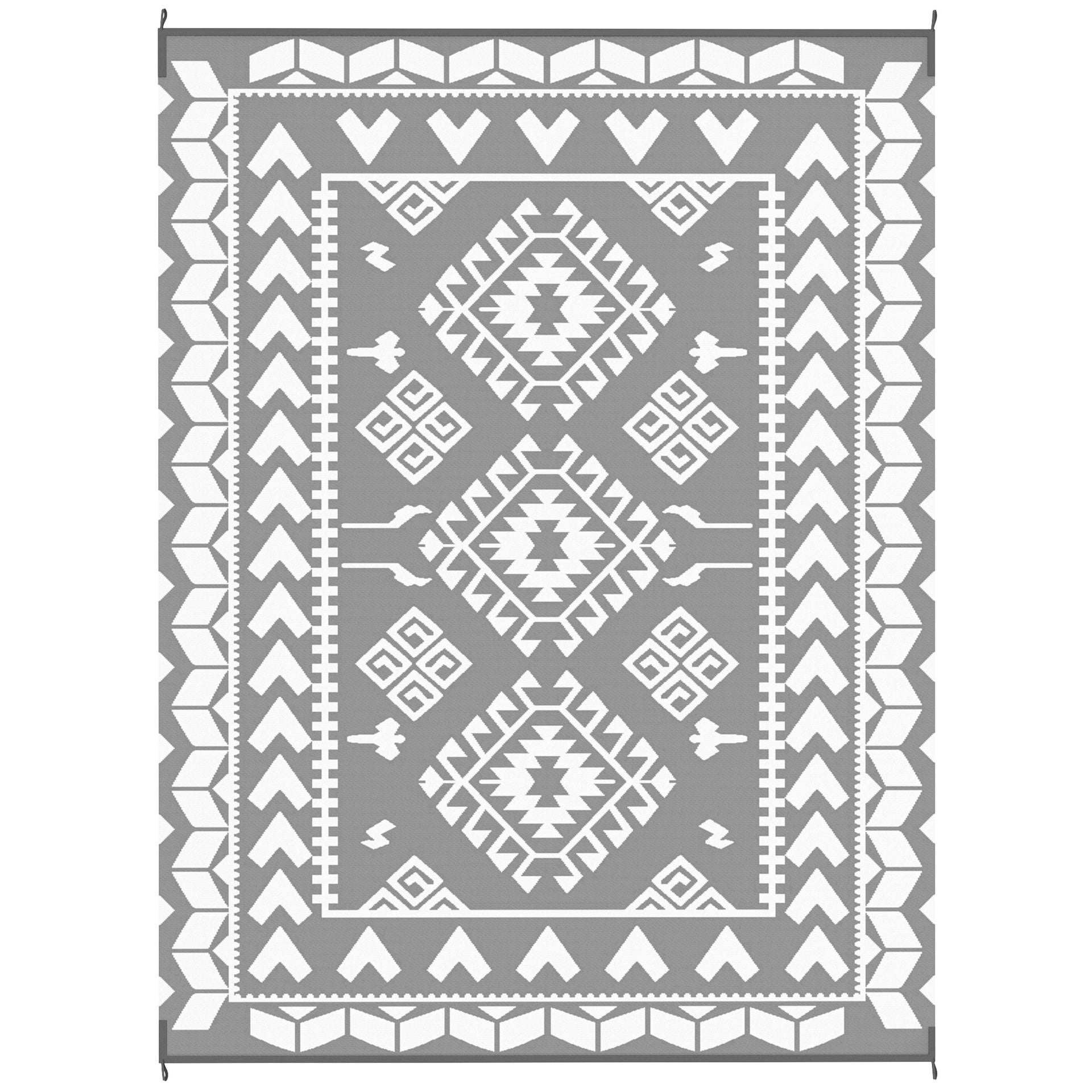 Outsunny Reversible Outdoor Rug, Waterproof Plastic Straw with Carry Bag, 9' x 12', Gray & White Rhombus Patchwork