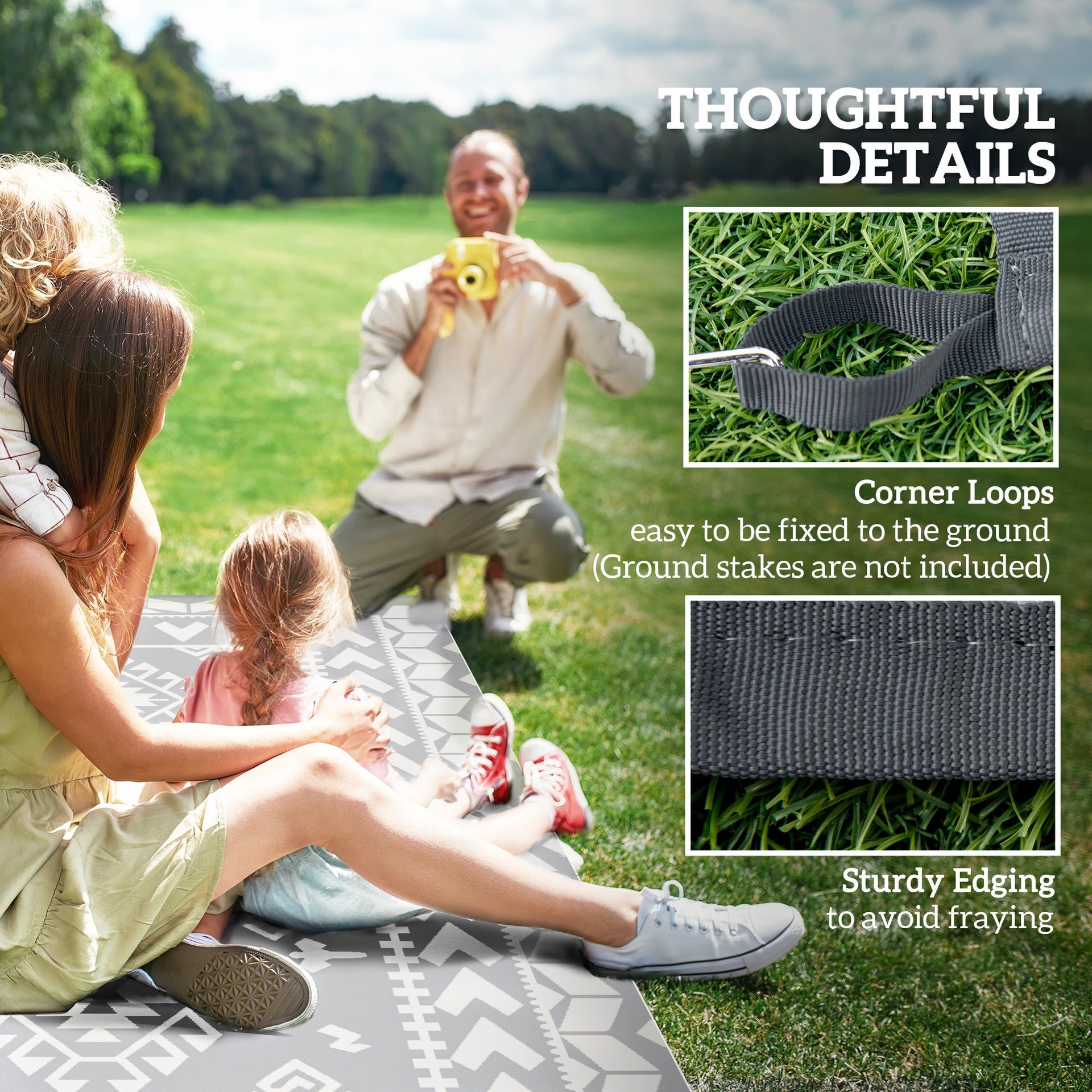 Outsunny Reversible Outdoor Rug, Waterproof Plastic Straw with Carry Bag, 9' x 12', Gray & White Rhombus Patchwork