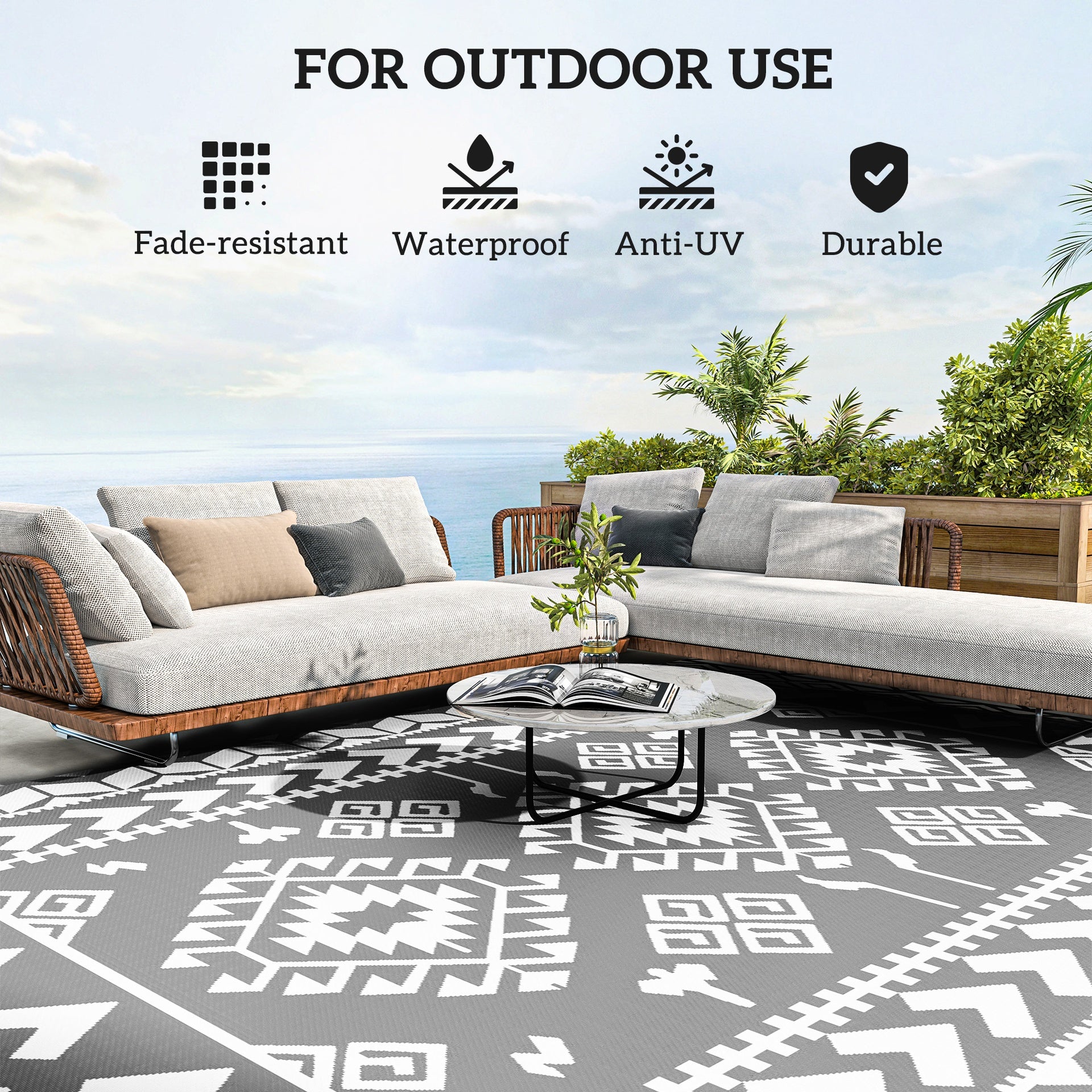 Outsunny Reversible Outdoor Rug, Waterproof Plastic Straw with Carry Bag, 9' x 12', Gray & White Rhombus Patchwork