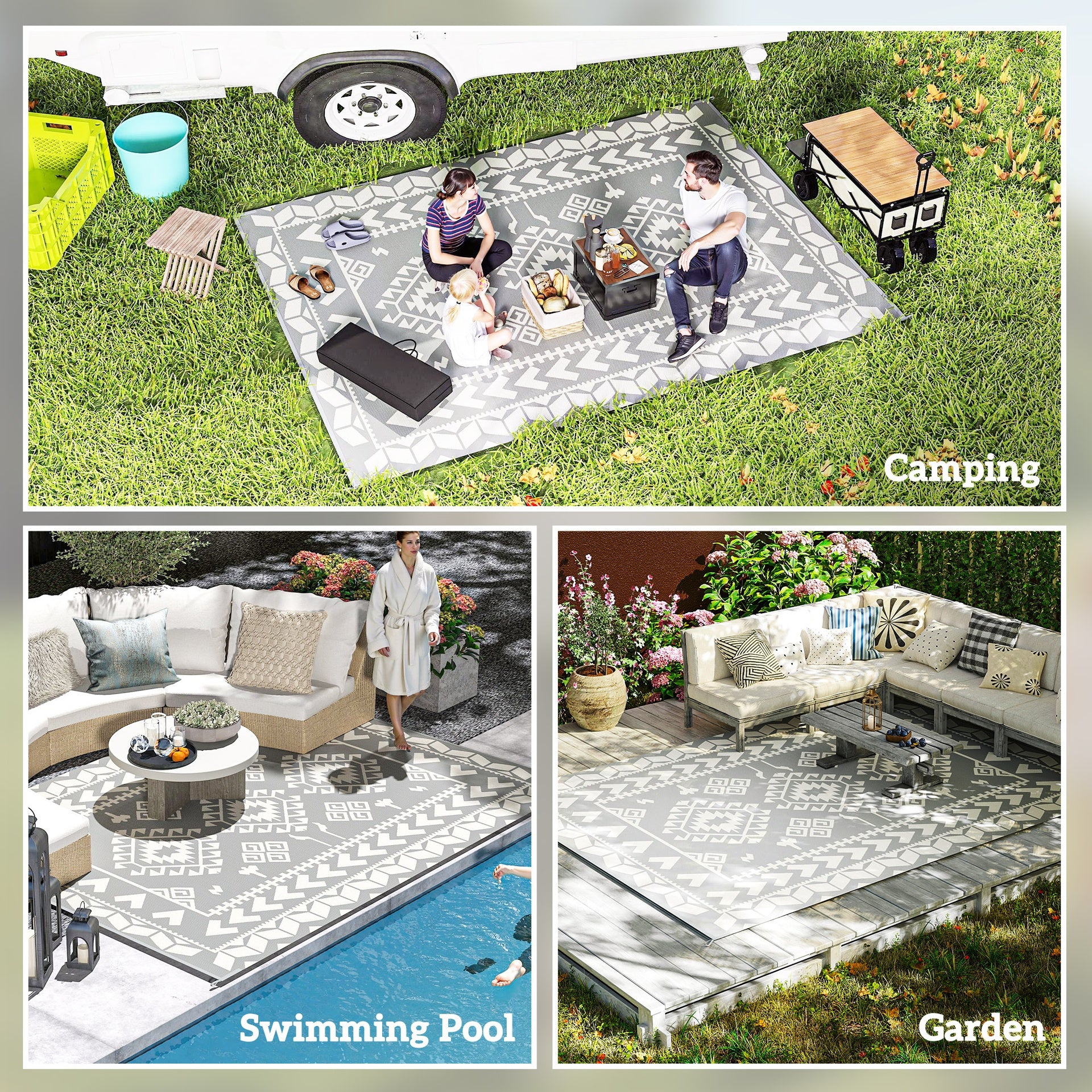Outsunny Reversible Outdoor Rug, Waterproof Plastic Straw with Carry Bag, 9' x 12', Gray & White Rhombus Patchwork