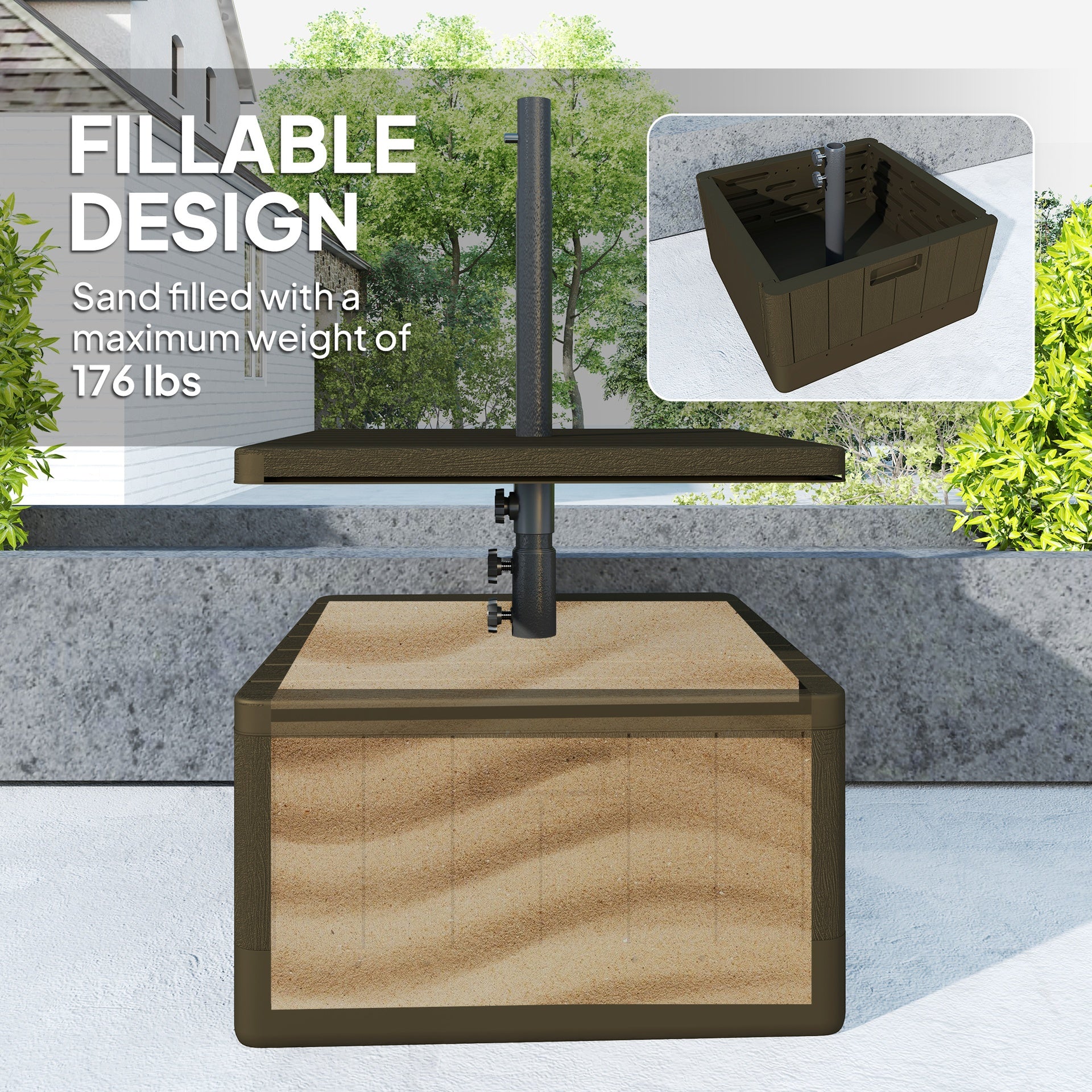 Outsunny Patio Umbrella Base with Table Tray, Heavy Duty Weighted Umbrella Stand， Wheels Handles, 176lbs，Stand Filling, Brown
