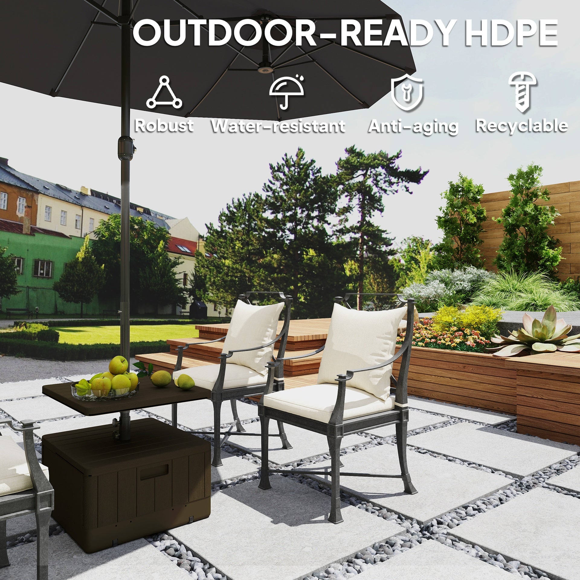 Outsunny Patio Umbrella Base with Table Tray, Heavy Duty Weighted Umbrella Stand， Wheels Handles, 176lbs，Stand Filling, Brown