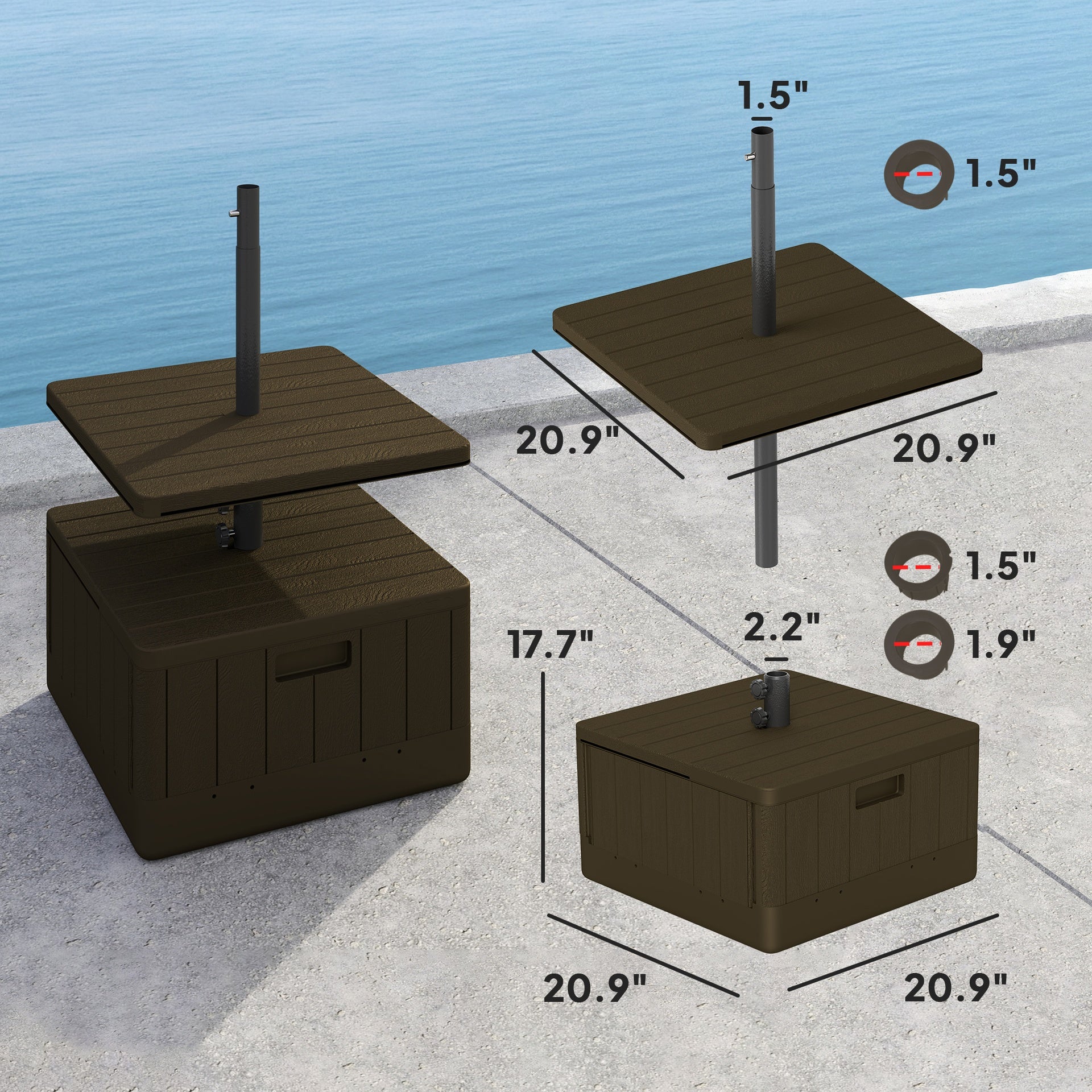 Outsunny Patio Umbrella Base with Table Tray, Heavy Duty Weighted Umbrella Stand， Wheels Handles, 176lbs，Stand Filling, Brown