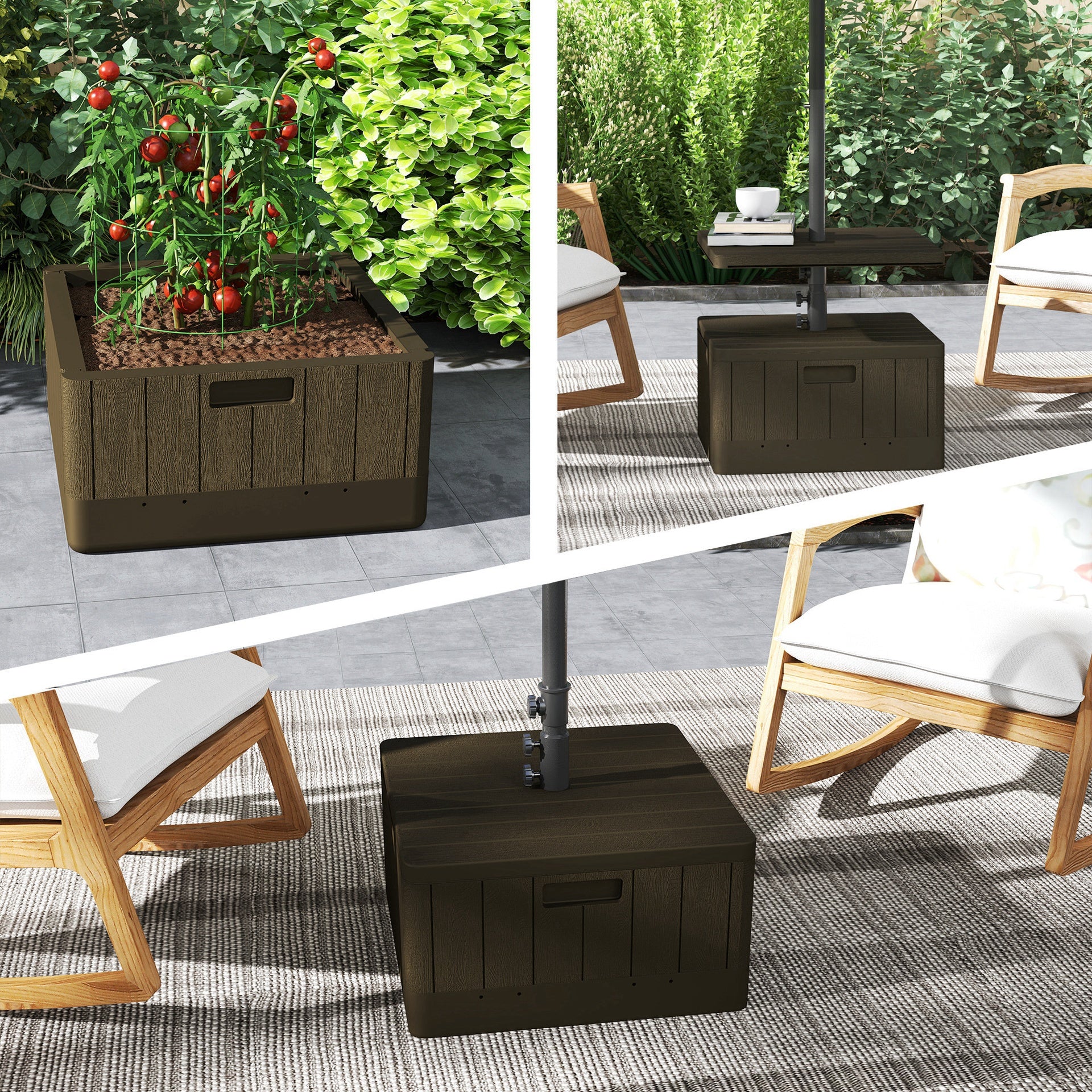 Outsunny Patio Umbrella Base with Table Tray, Heavy Duty Weighted Umbrella Stand， Wheels Handles, 176lbs，Stand Filling, Brown