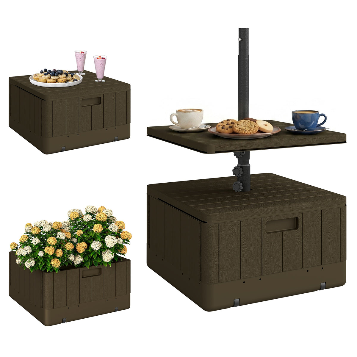 Outsunny Patio Umbrella Base with Table Tray, Heavy Duty Weighted Umbrella Stand， Wheels Handles, 176lbs，Stand Filling, Brown