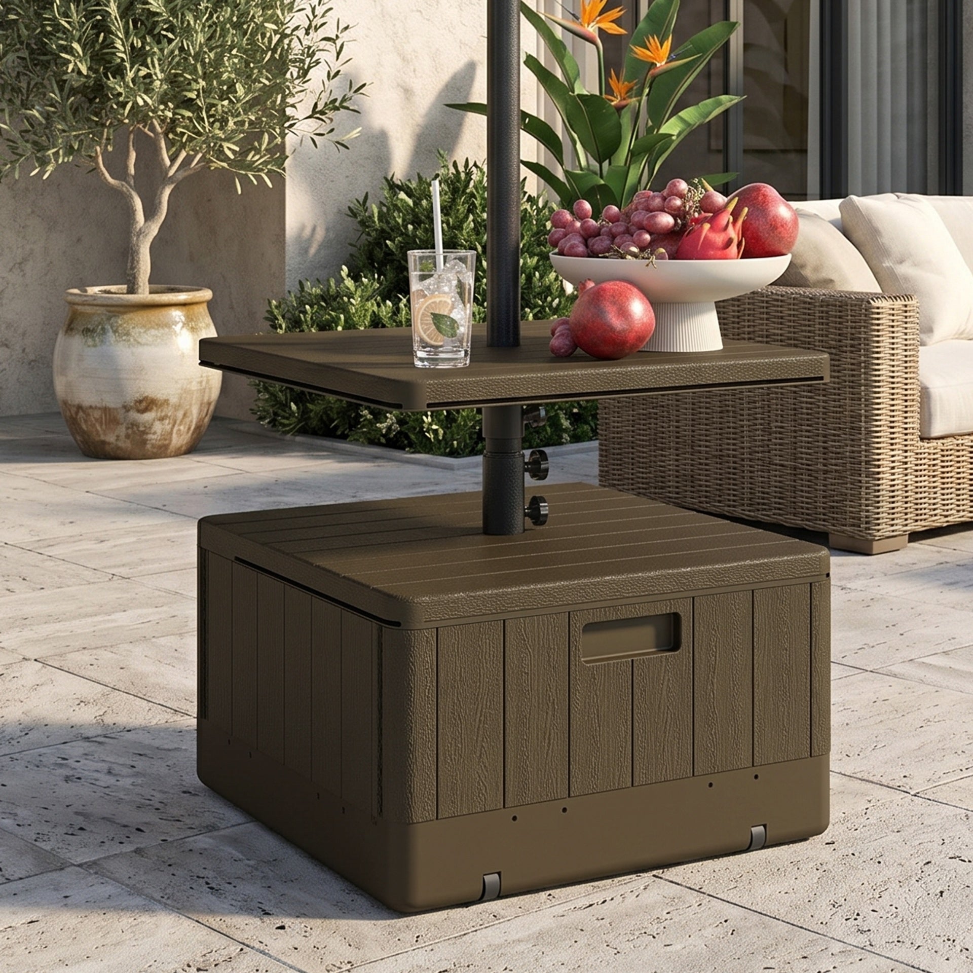 Outsunny Patio Umbrella Base with Table Tray, Heavy Duty Weighted Umbrella Stand， Wheels Handles, 176lbs，Stand Filling, Brown