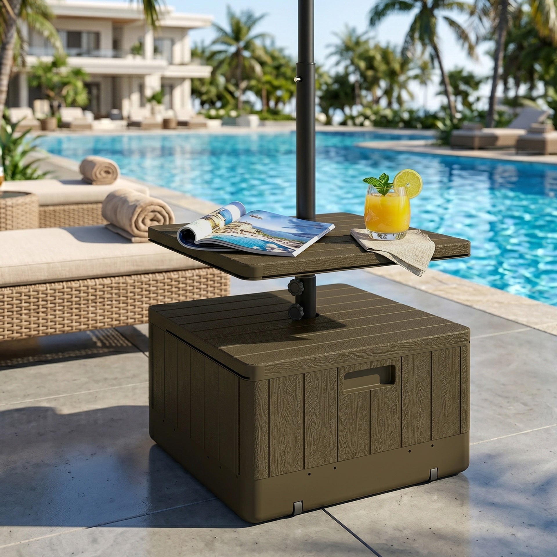 Outsunny Patio Umbrella Base with Table Tray, Heavy Duty Weighted Umbrella Stand， Wheels Handles, 176lbs，Stand Filling, Brown