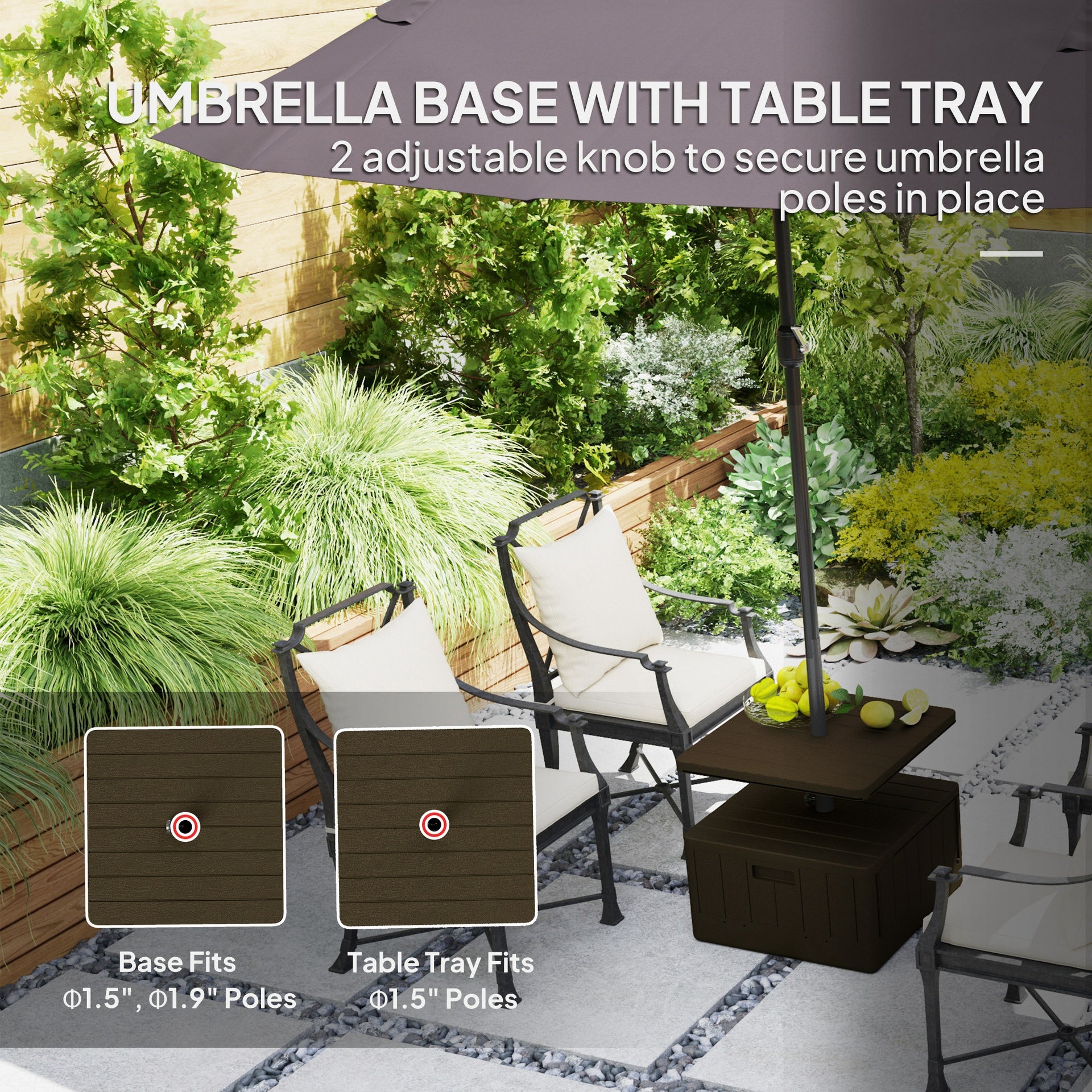 Outsunny Patio Umbrella Base with Table Tray, Heavy Duty Weighted Umbrella Stand， Wheels Handles, 176lbs，Stand Filling, Brown