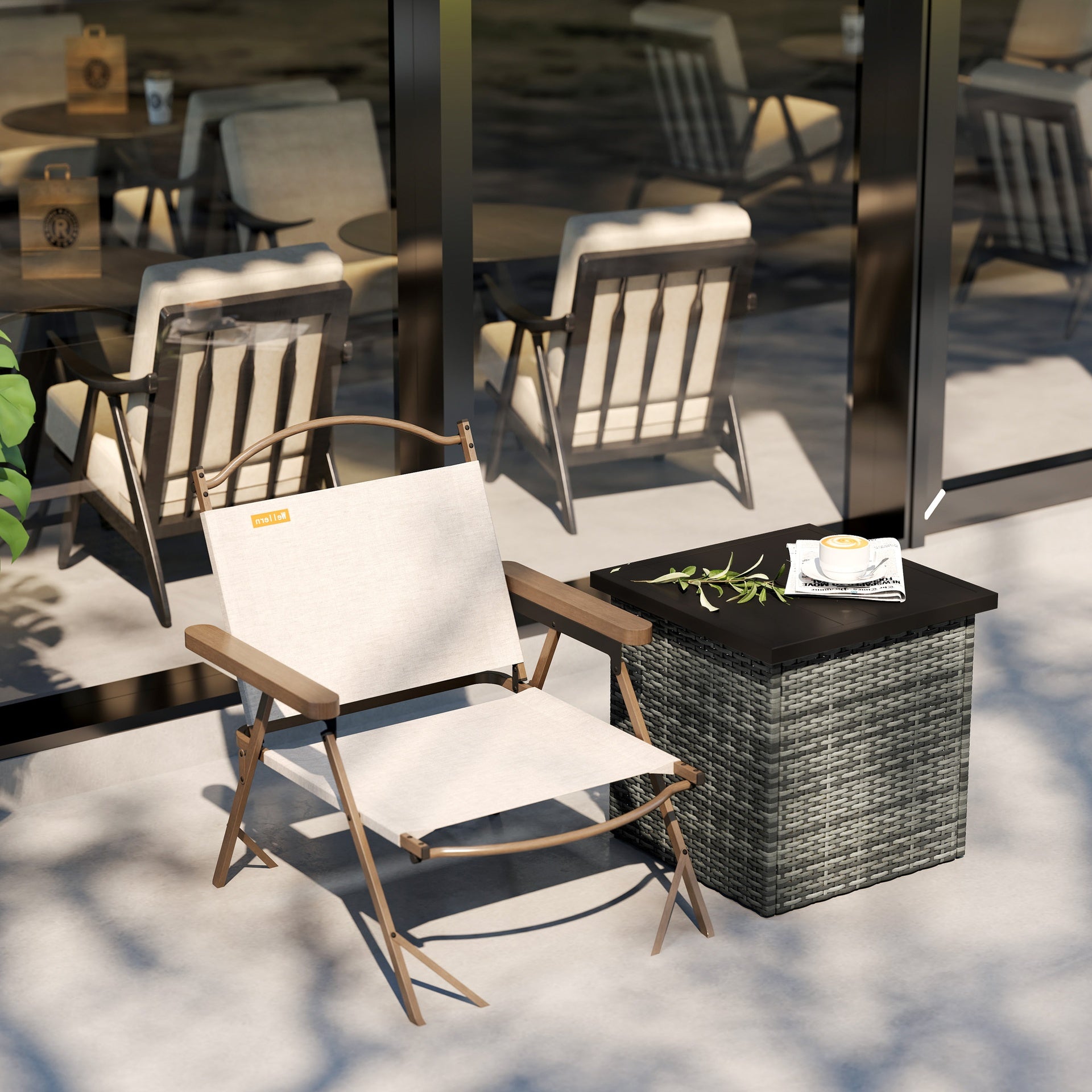 Outsunny Wicker Side Table with 1.5" Umbrella Hole, Square Outdoor End Table with UV-Resistant Frame, Storage Space, Mixed-Gray