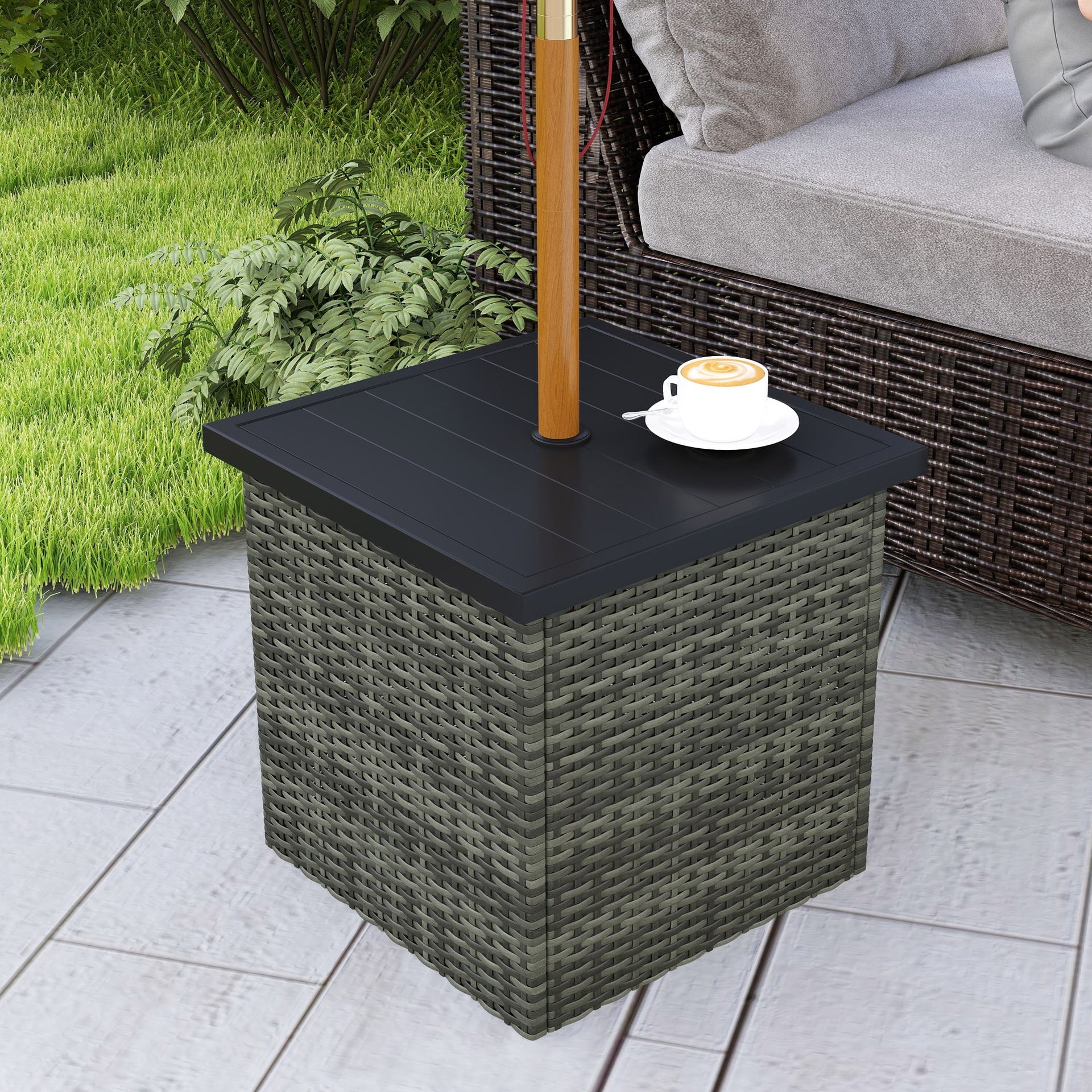 Outsunny Wicker Side Table with 1.5" Umbrella Hole, Square Outdoor End Table with UV-Resistant Frame, Storage Space, Mixed-Gray