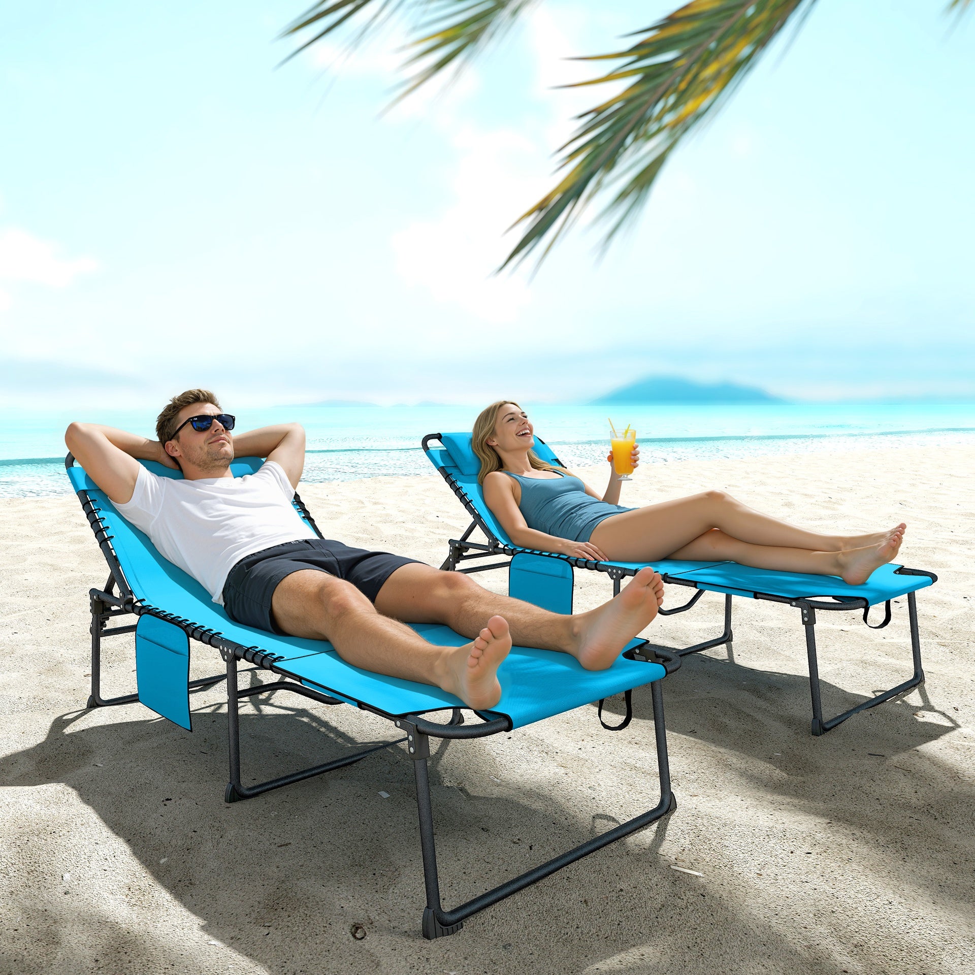 Outsunny 2 Piece Folding Chaise Lounge Pool Chairs with 5-level Reclining Back, Reading Hole, Side Pocket, Blue