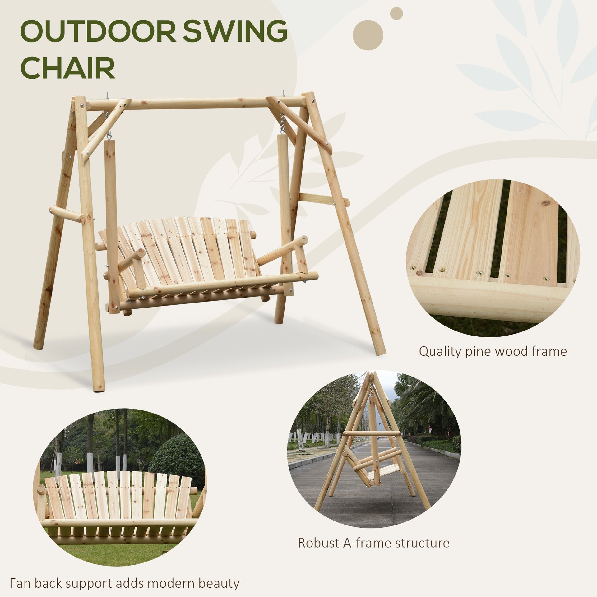 Outsunny 2-Seat Wooden Swing Bench, Ergonomic Design, 'A' Frame Construction, Stable and Non-Slip, Solid Wood Frame Log Garden Swing, for Outdoor and Indoor, Natural Wood