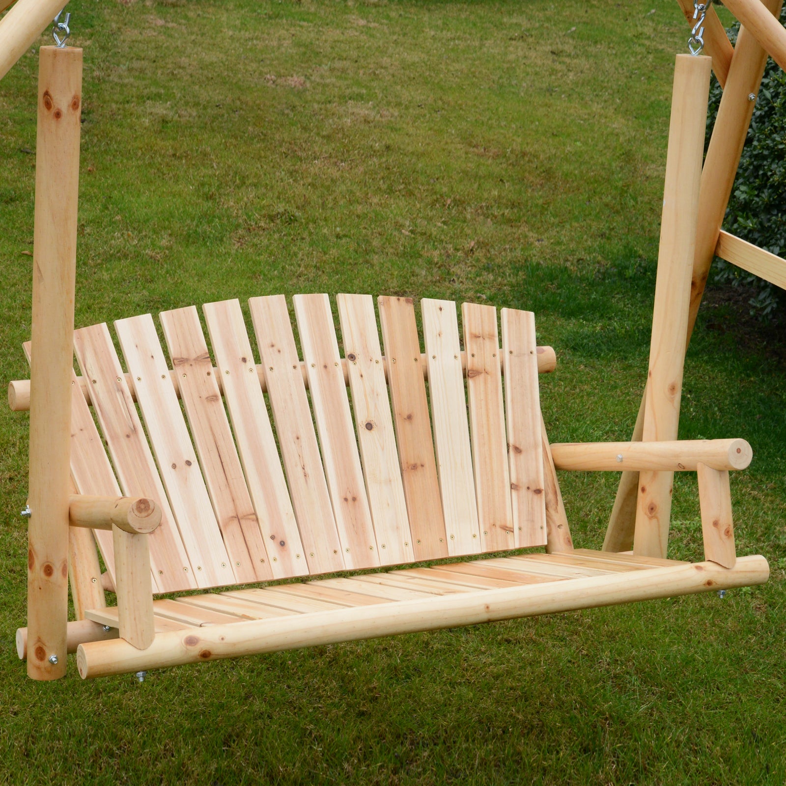 Outsunny 2-Seat Wooden Swing Bench, Ergonomic Design, 'A' Frame Construction, Stable and Non-Slip, Solid Wood Frame Log Garden Swing, for Outdoor and Indoor, Natural Wood