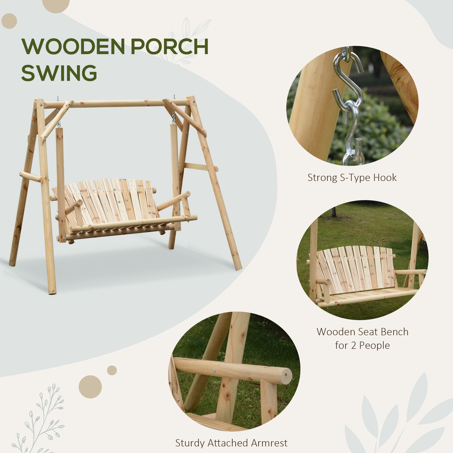 Outsunny 2-Seat Wooden Swing Bench, Ergonomic Design, 'A' Frame Construction, Stable and Non-Slip, Solid Wood Frame Log Garden Swing, for Outdoor and Indoor, Natural Wood