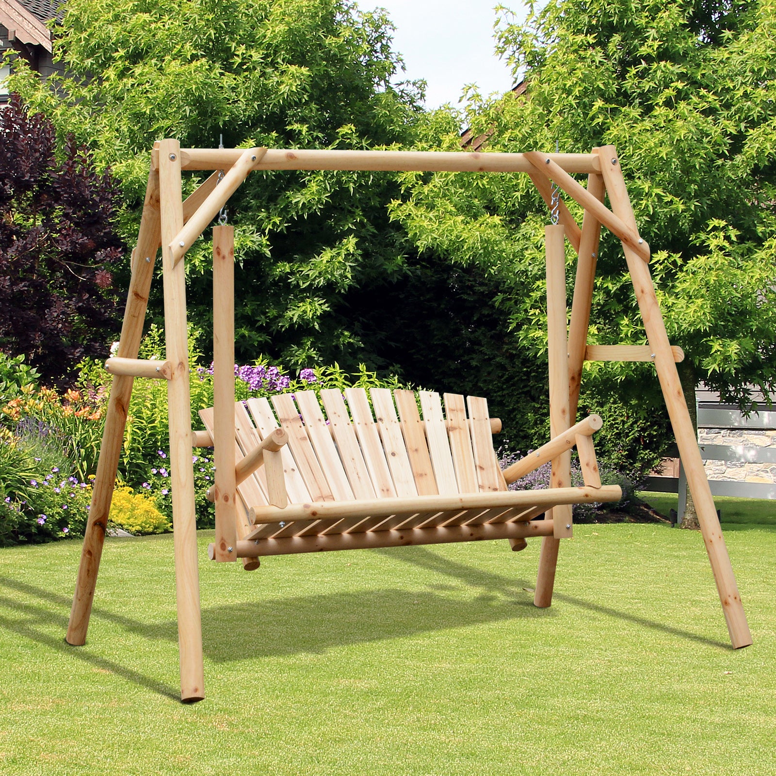 Outsunny 2-Seat Wooden Swing Bench, Ergonomic Design, 'A' Frame Construction, Stable and Non-Slip, Solid Wood Frame Log Garden Swing, for Outdoor and Indoor, Natural Wood