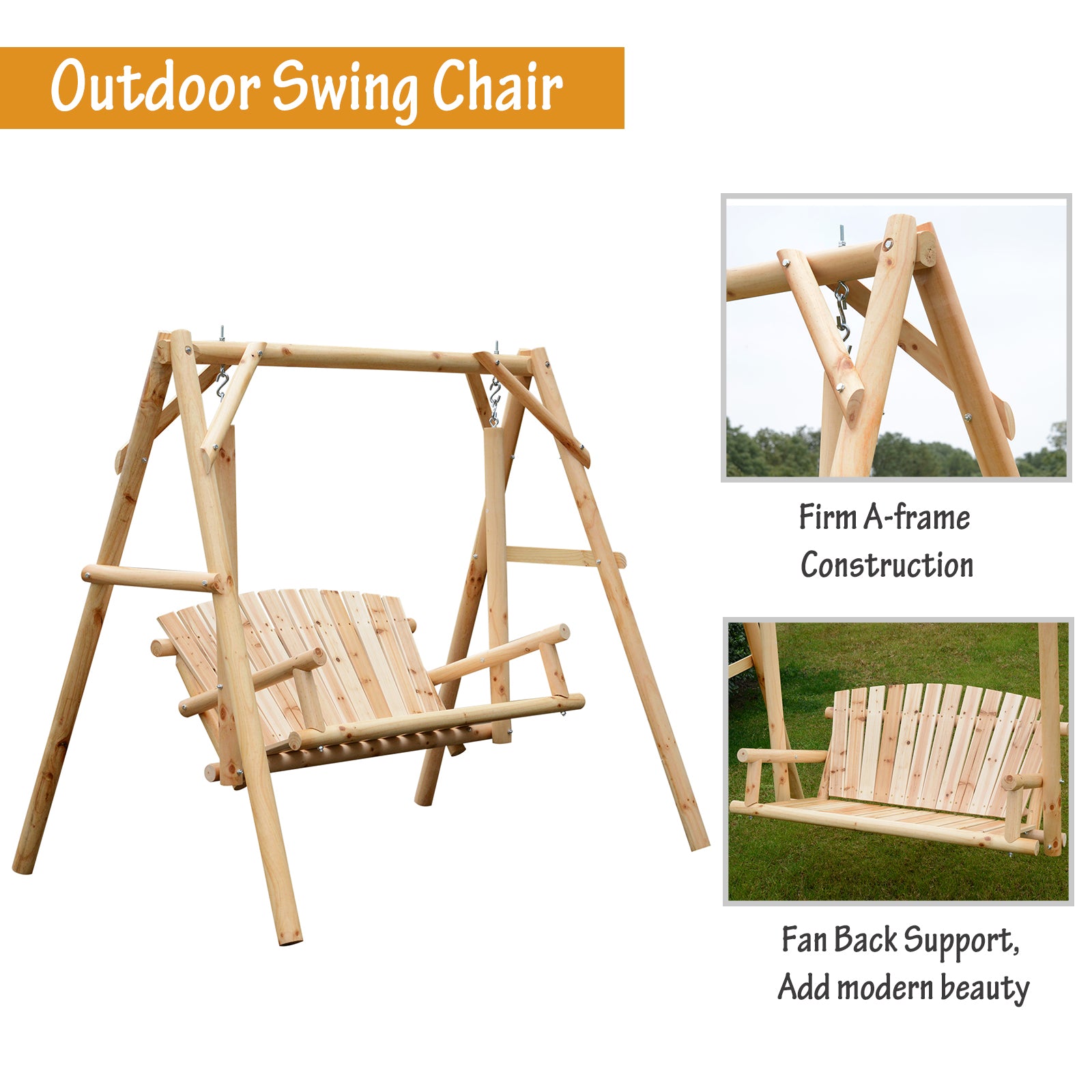 Outsunny 2-Seat Wooden Swing Bench, Ergonomic Design, 'A' Frame Construction, Stable and Non-Slip, Solid Wood Frame Log Garden Swing, for Outdoor and Indoor, Natural Wood