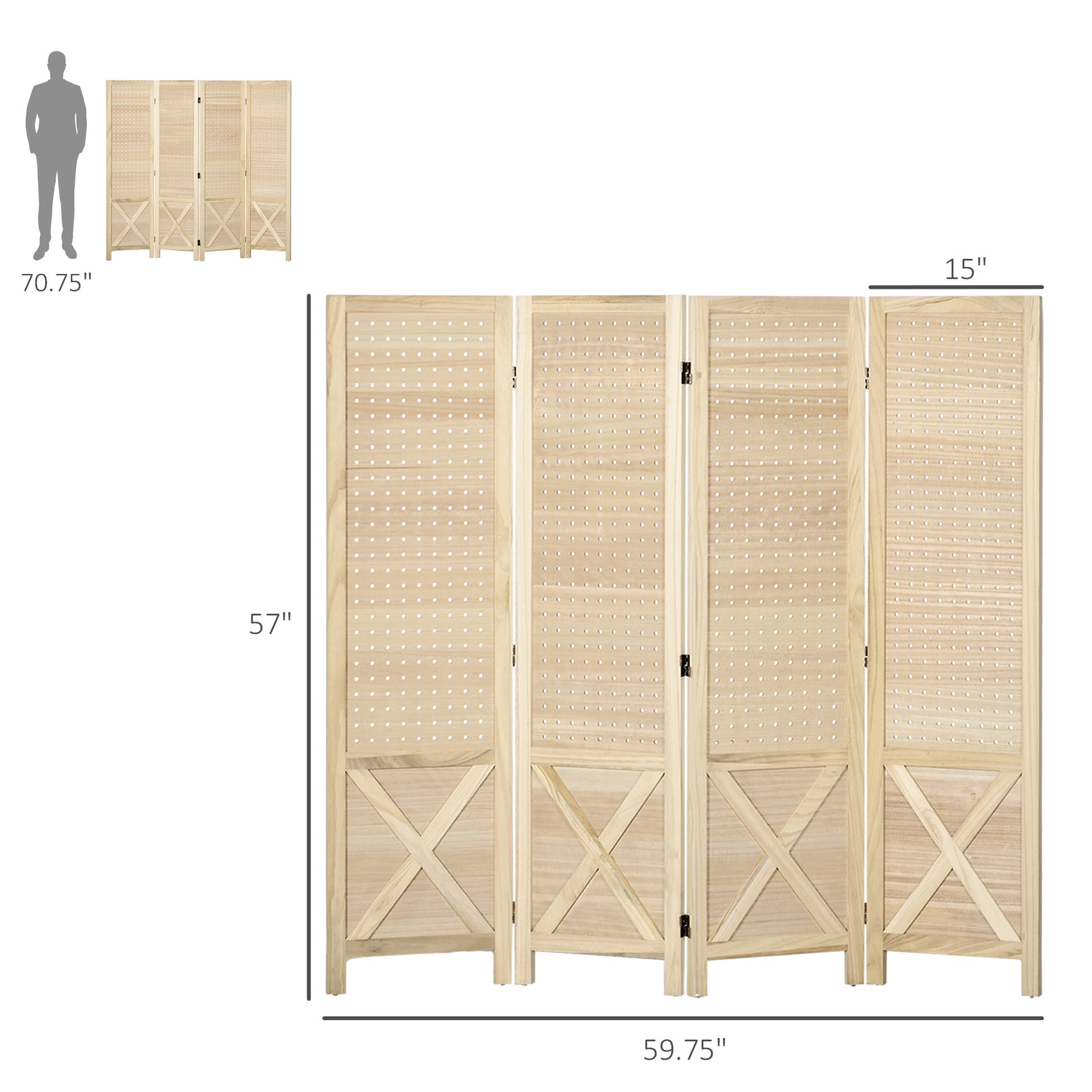 HOMCOM 4.7' 4 Panel Wooden Room Divider with Pegboard Display, Folding Privacy Screen for Home Office, Natural