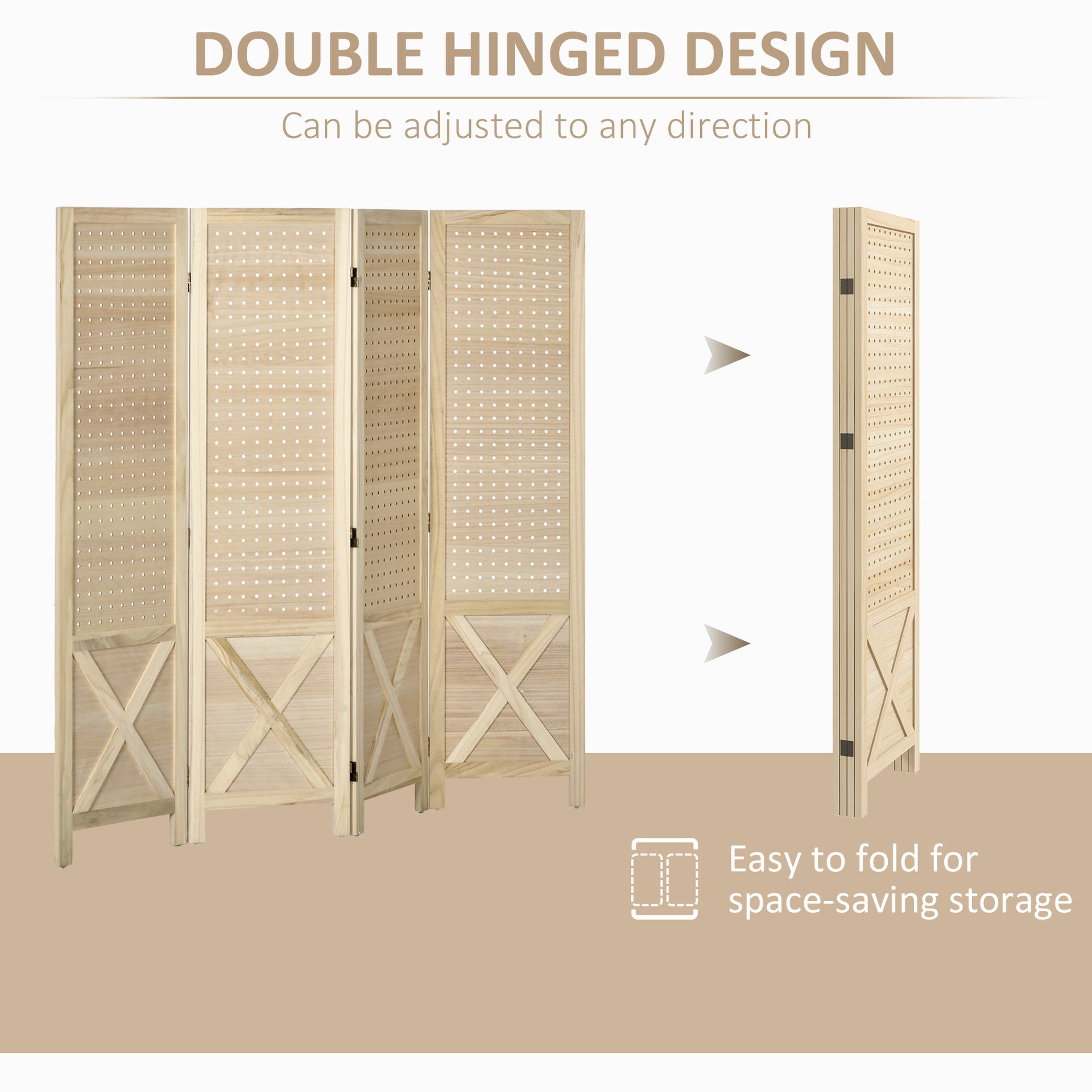 HOMCOM 4.7' 4 Panel Wooden Room Divider with Pegboard Display, Folding Privacy Screen for Home Office, Natural