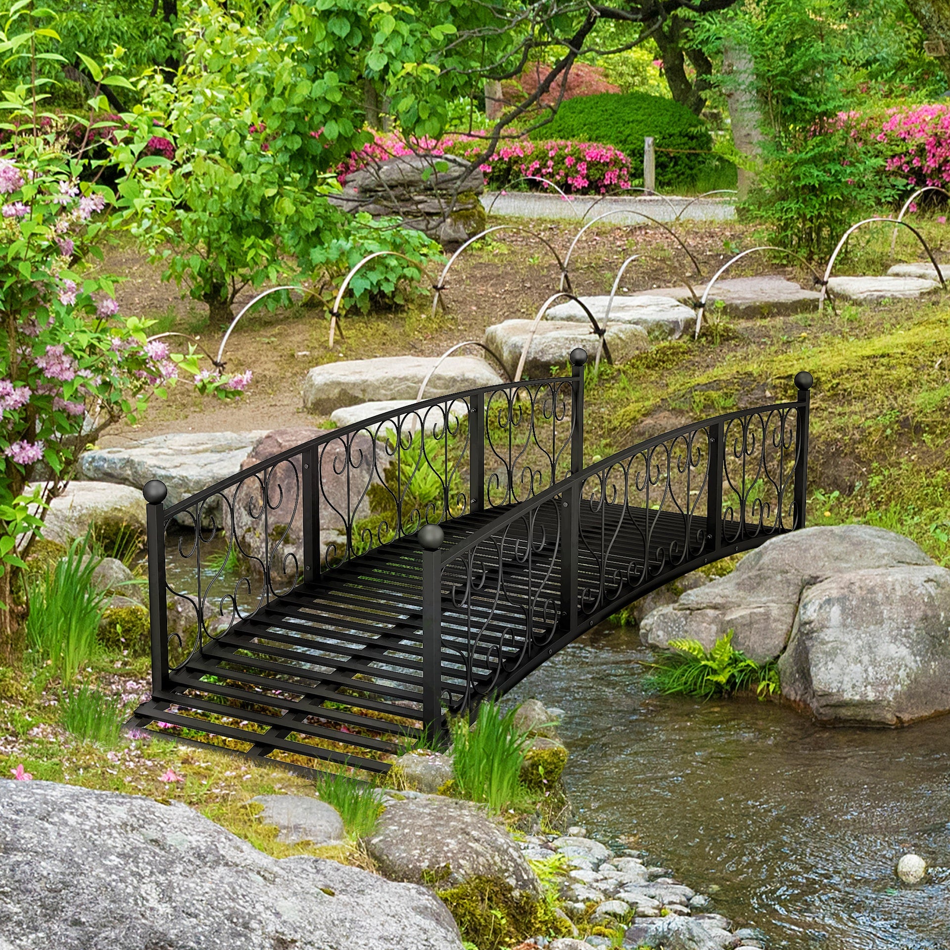 Outsunny 7' Metal Arch Garden Bridge Arc Footbridge with Side Railings Decorative Scrollwork, Black