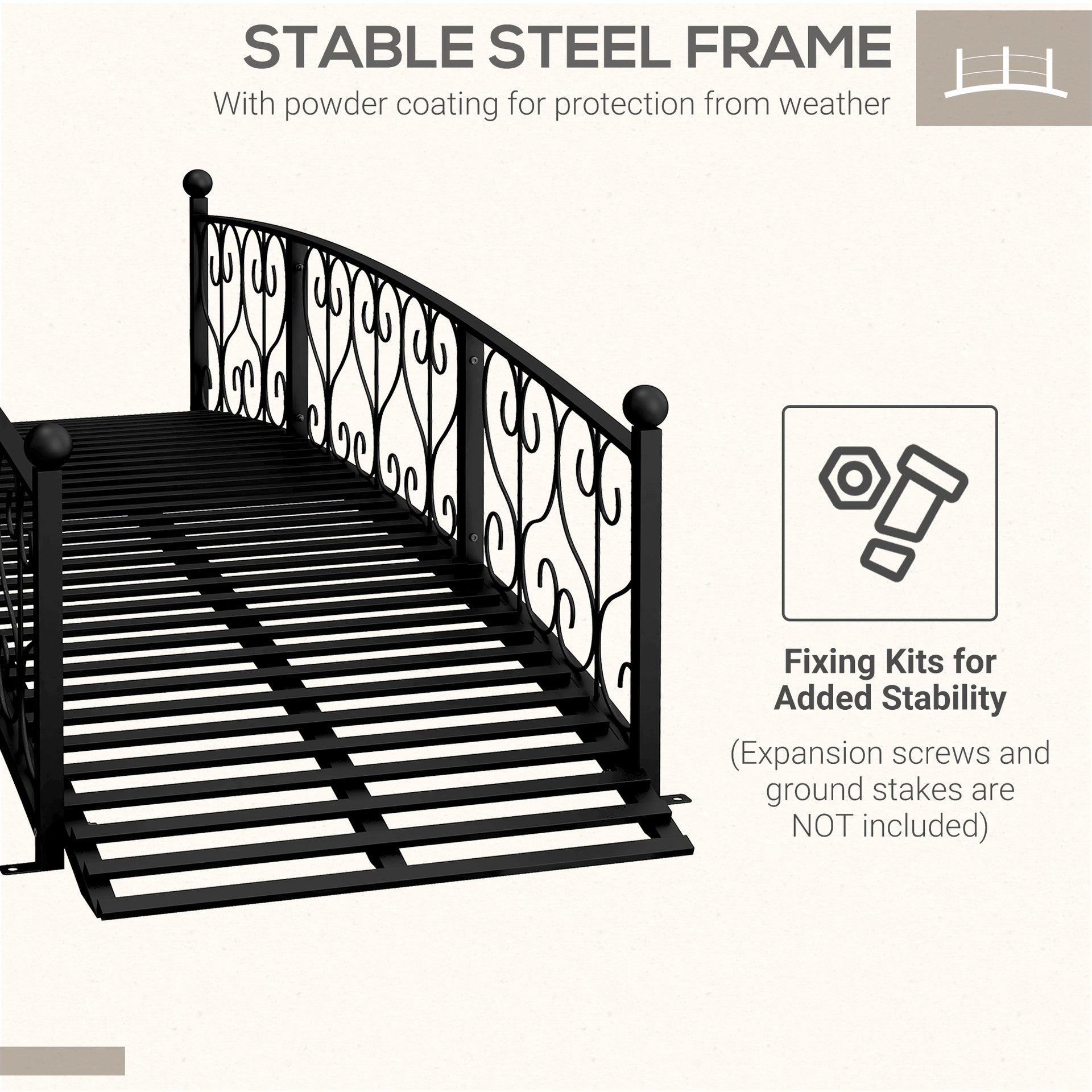 Outsunny 7' Metal Arch Garden Bridge Arc Footbridge with Side Railings Decorative Scrollwork, Black