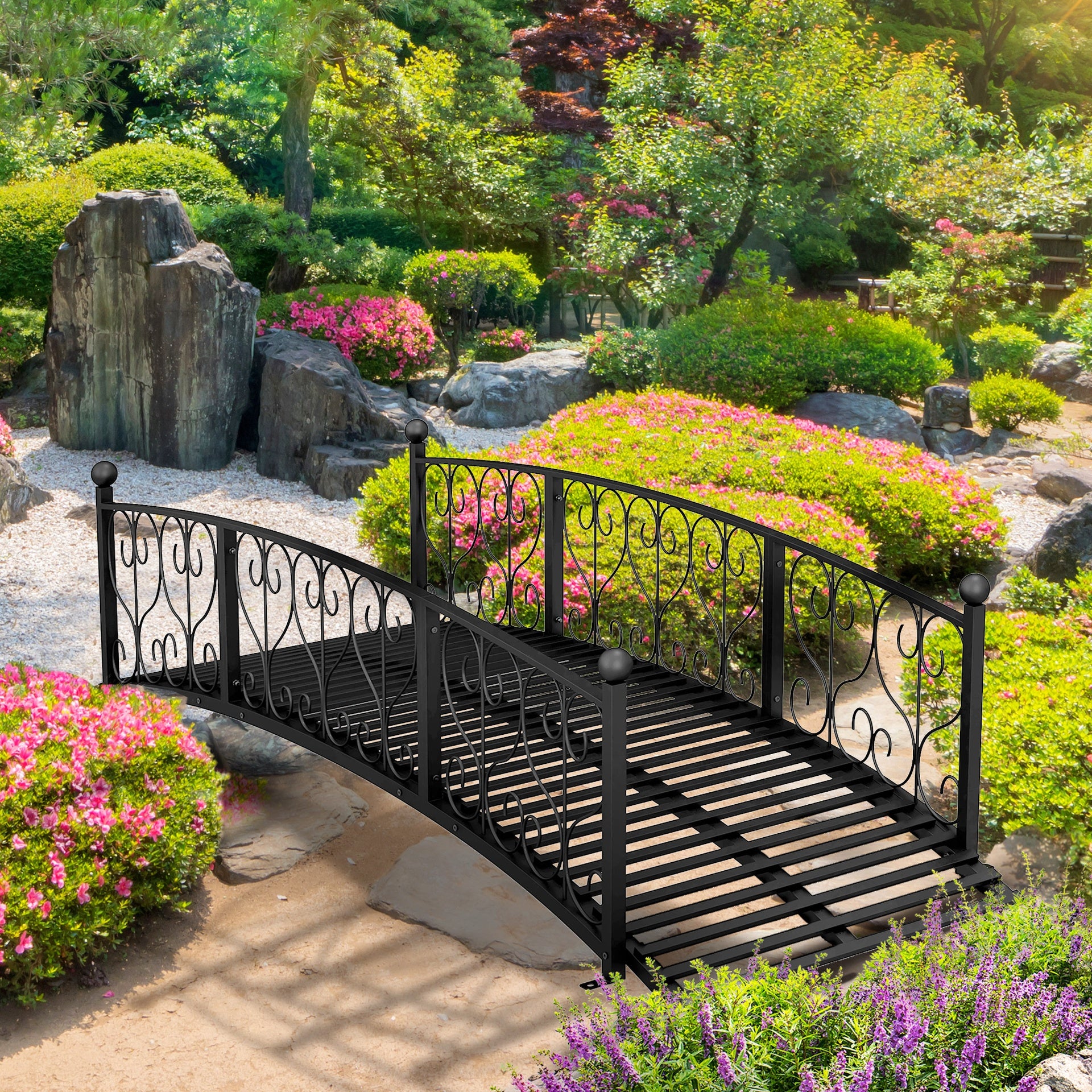 Outsunny 7' Metal Arch Garden Bridge Arc Footbridge with Side Railings Decorative Scrollwork, Black