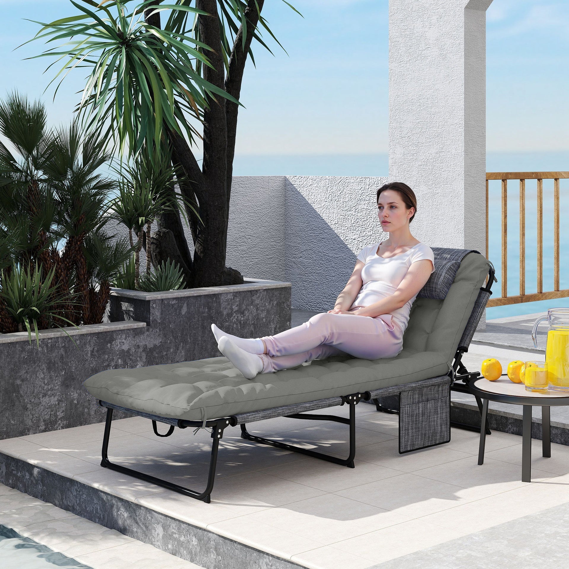 Outsunny Folding Chaise Lounge Pool Chair with 4-level Reclining Back, Cushion, Side Pocket, Headrest, Gray