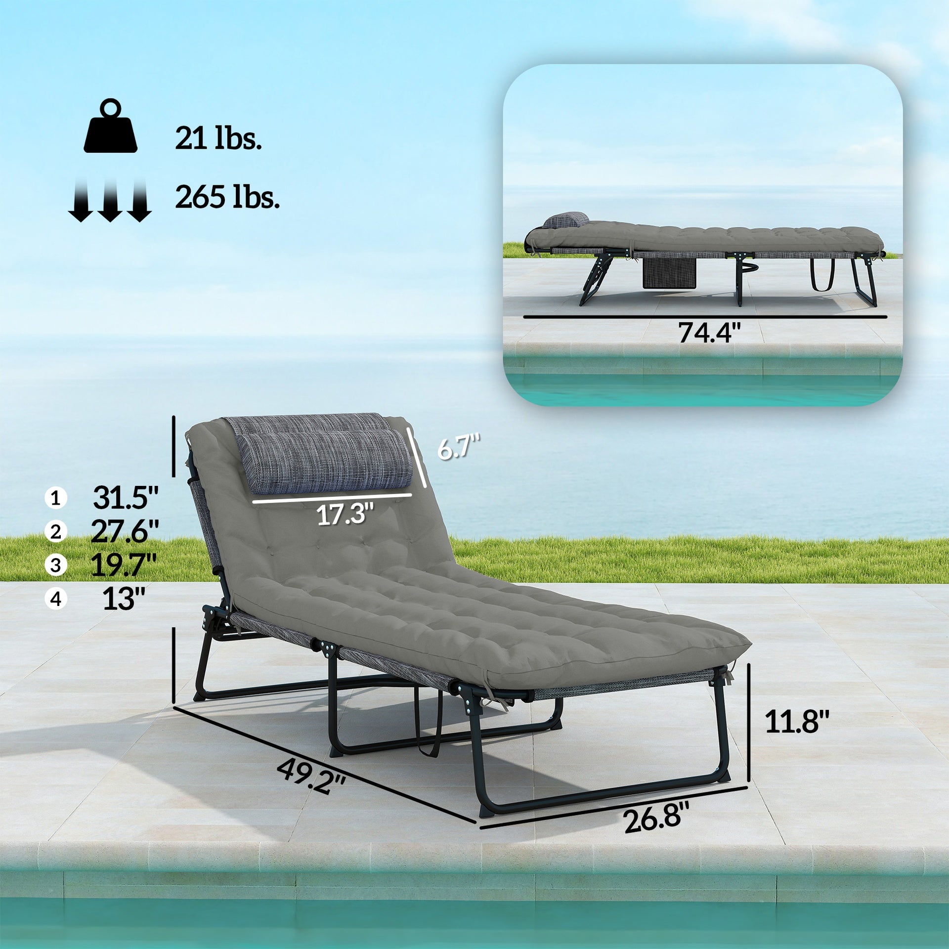 Outsunny Folding Chaise Lounge Pool Chair with 4-level Reclining Back, Cushion, Side Pocket, Headrest, Gray