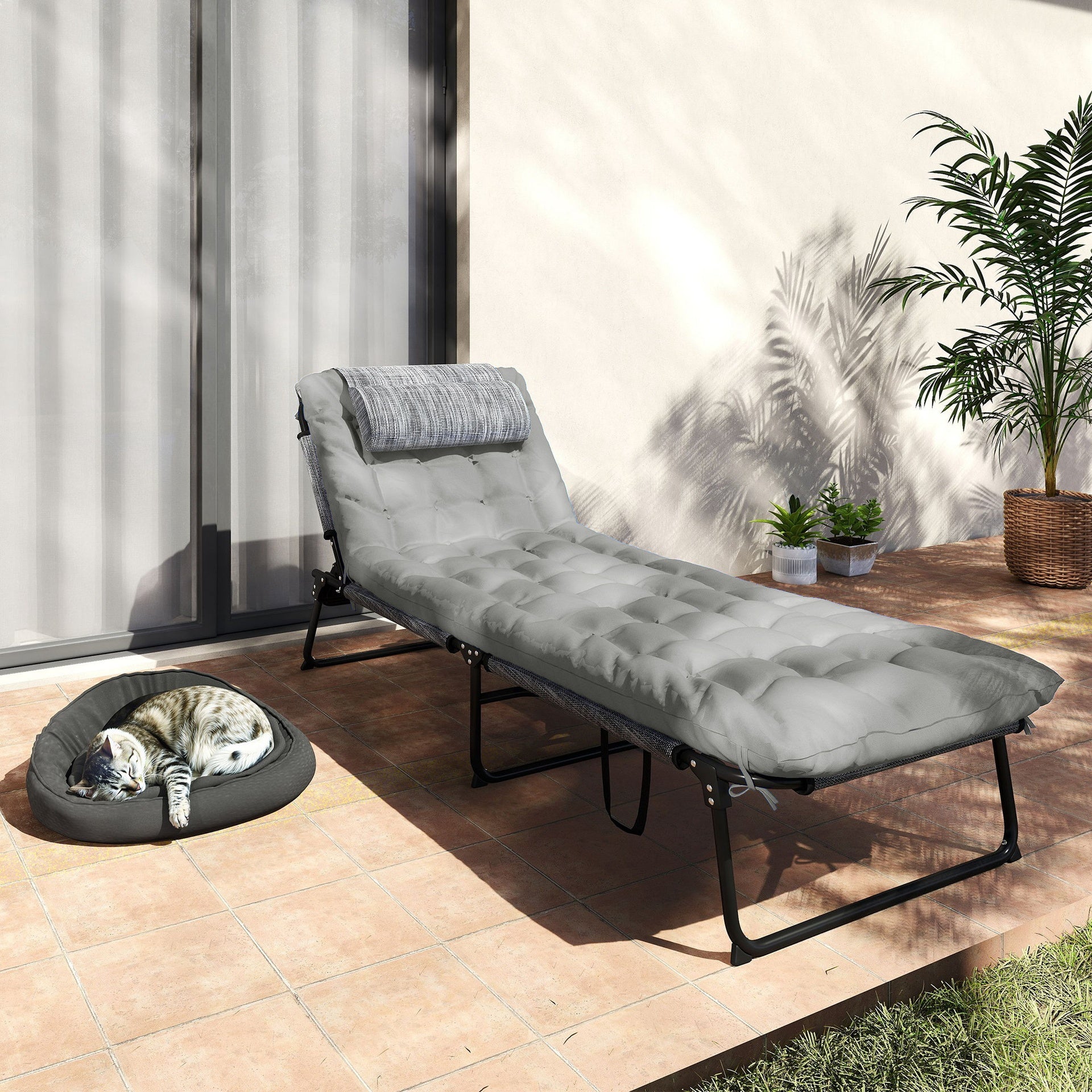 Outsunny Folding Chaise Lounge Pool Chair with 4-level Reclining Back, Cushion, Side Pocket, Headrest, Gray