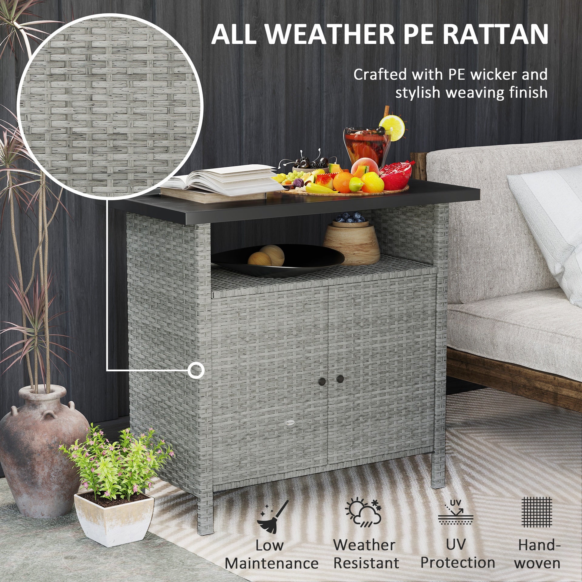 Outsunny Wicker Outdoor Storage Cabinet with Two Doors and Shelf for Outdoor Pool Towel Storage, Gray