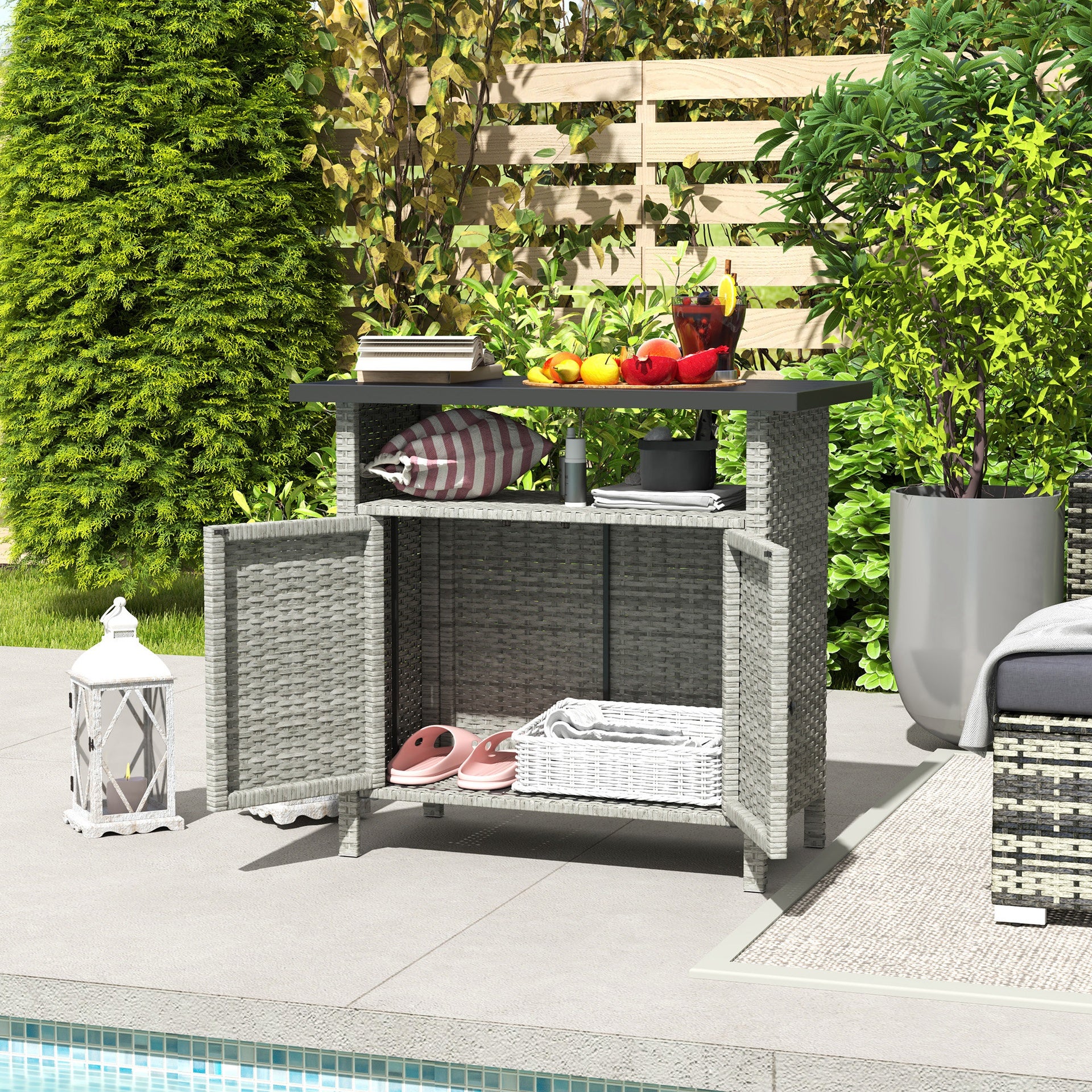 Outsunny Wicker Outdoor Storage Cabinet with Two Doors and Shelf for Outdoor Pool Towel Storage, Gray