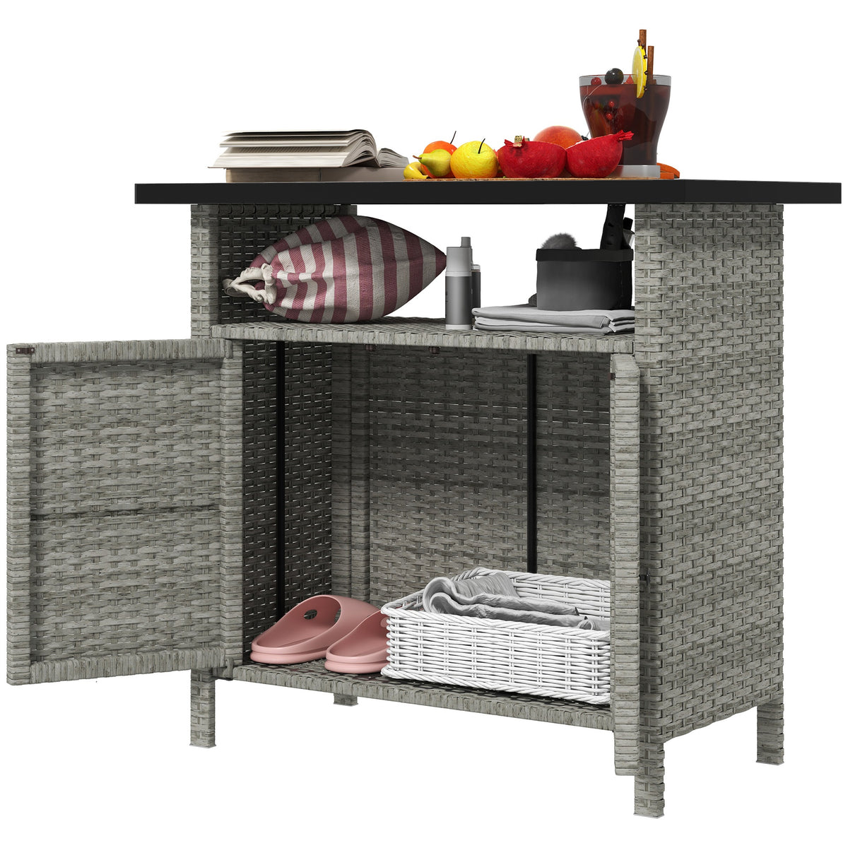 Outsunny Wicker Outdoor Storage Cabinet with Two Doors and Shelf for Outdoor Pool Towel Storage, Gray