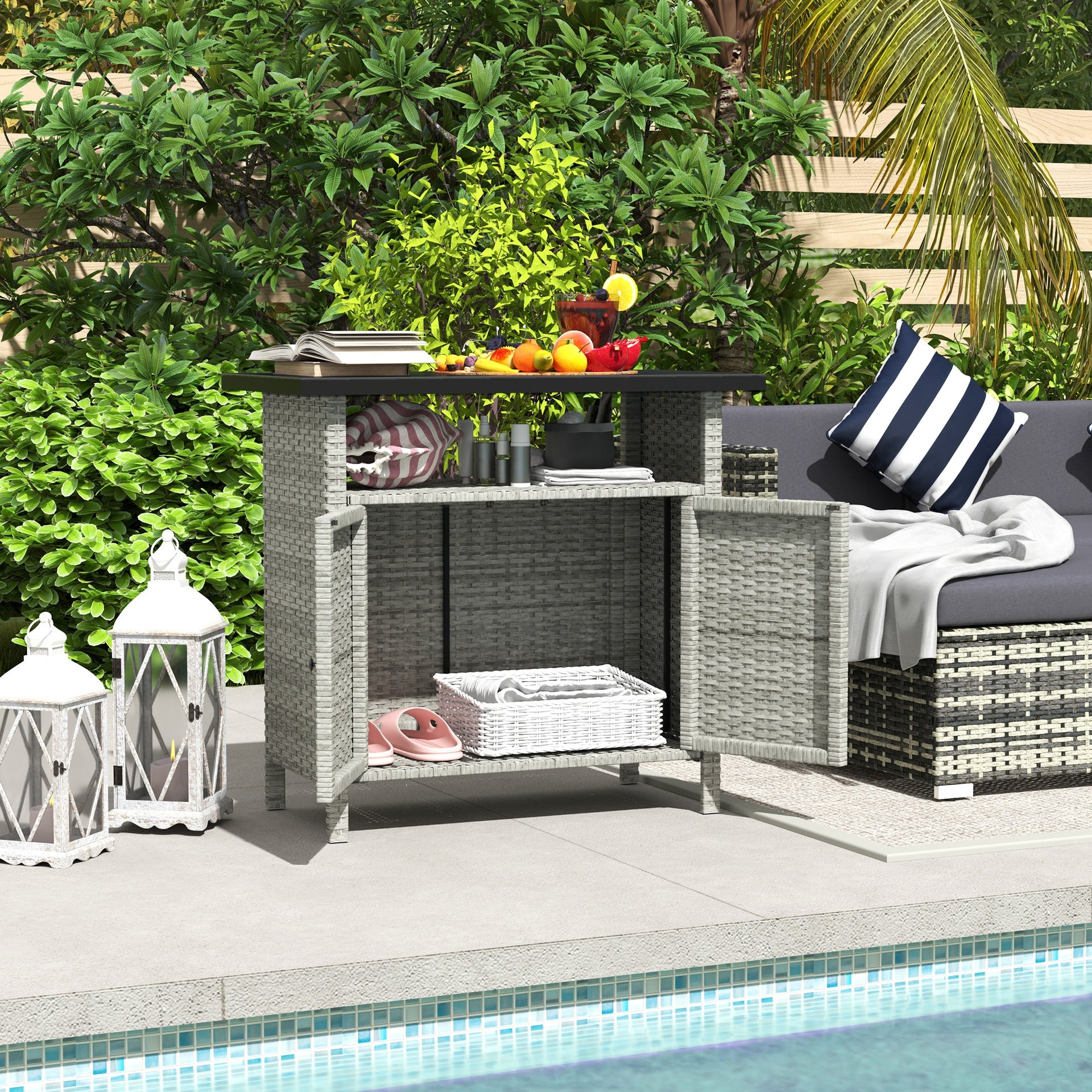 Outsunny Wicker Outdoor Storage Cabinet with Two Doors and Shelf for Outdoor Pool Towel Storage, Gray