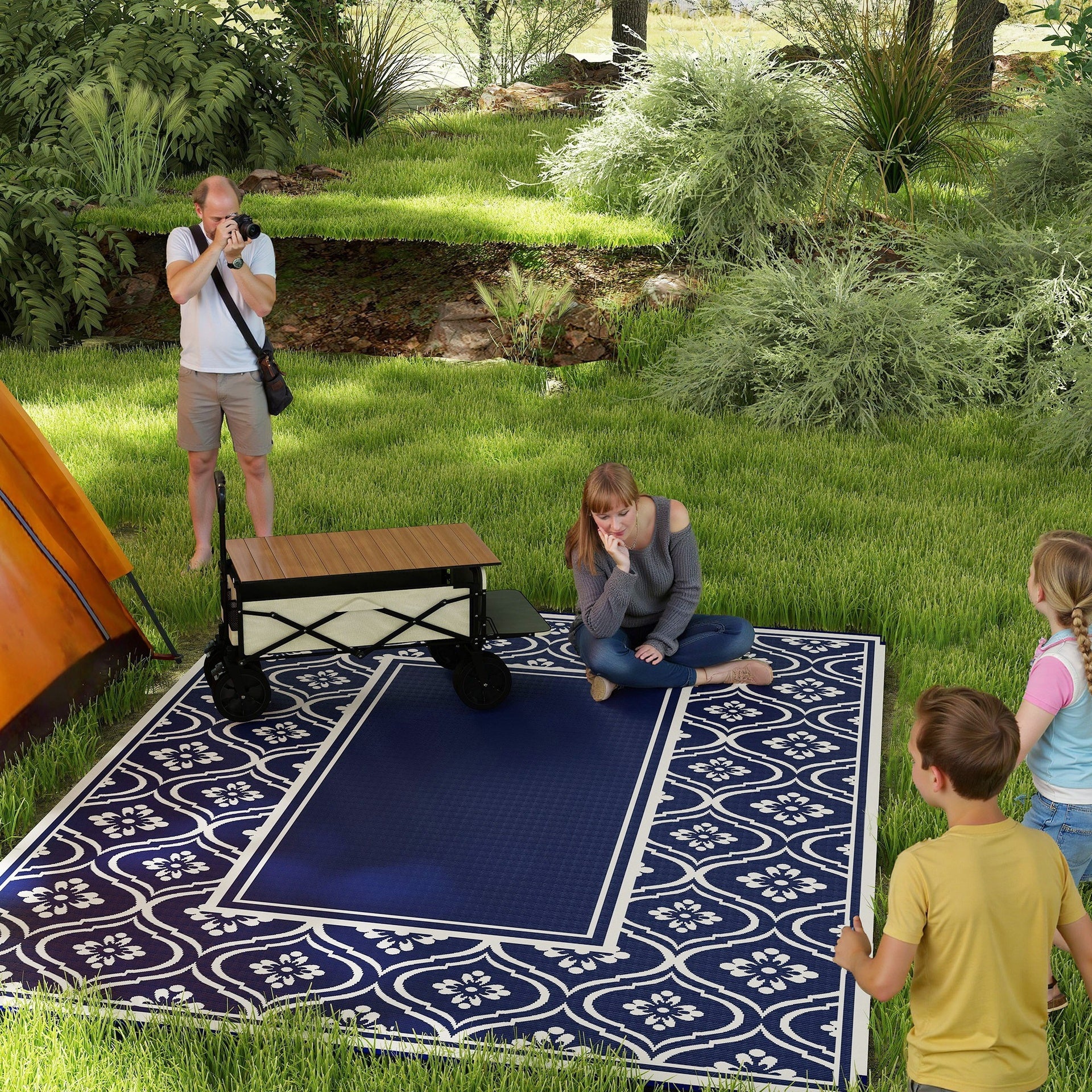 Outsunny Reversible Outdoor Rug, Waterproof Plastic Straw with Carry Bag, 9' x 12', Blue & White Gourd Border