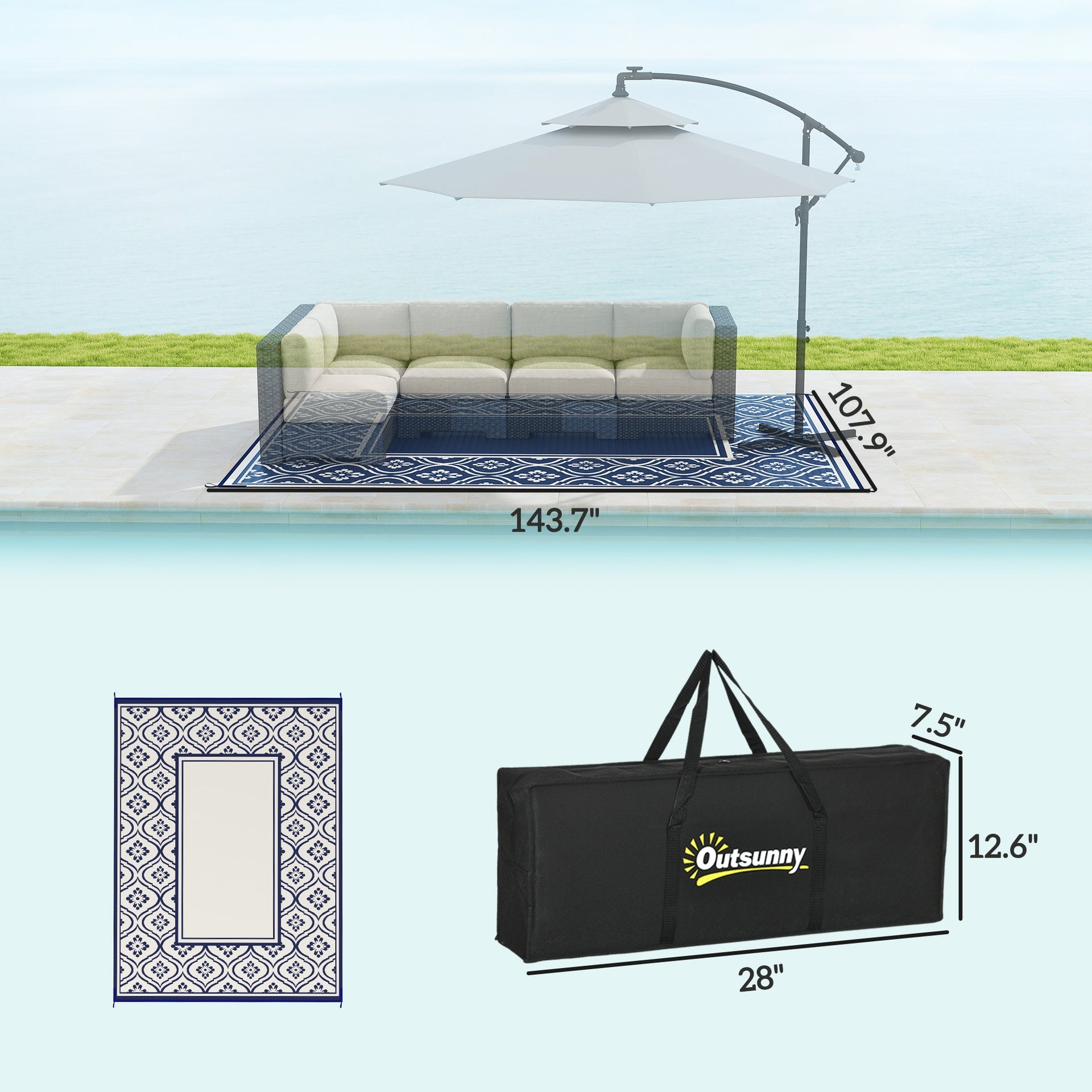 Outsunny Reversible Outdoor Rug, Waterproof Plastic Straw with Carry Bag, 9' x 12', Blue & White Gourd Border