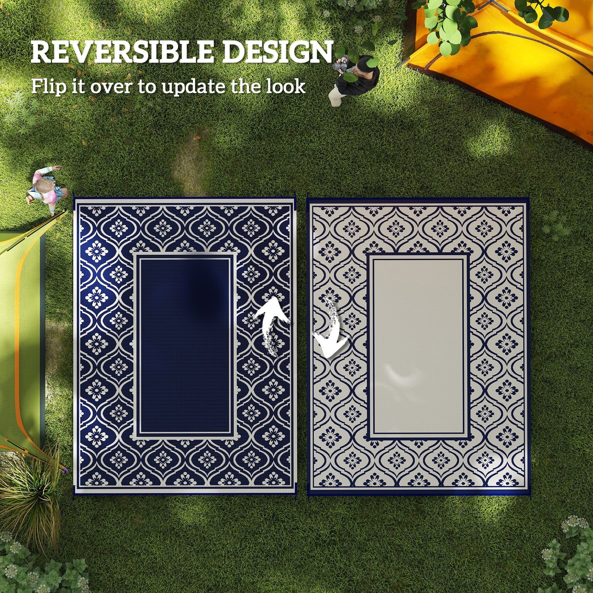 Outsunny Reversible Outdoor Rug, Waterproof Plastic Straw with Carry Bag, 9' x 12', Blue & White Gourd Border